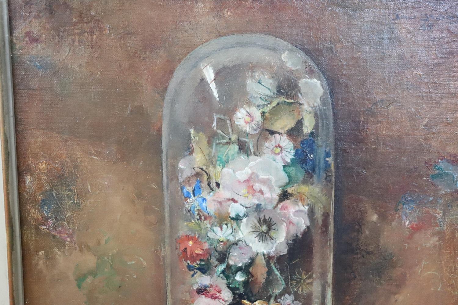 Oil Painting on Masonite Still Life with Flowers, Signed and Dated 1938 In Excellent Condition For Sale In Casale Monferrato, IT
