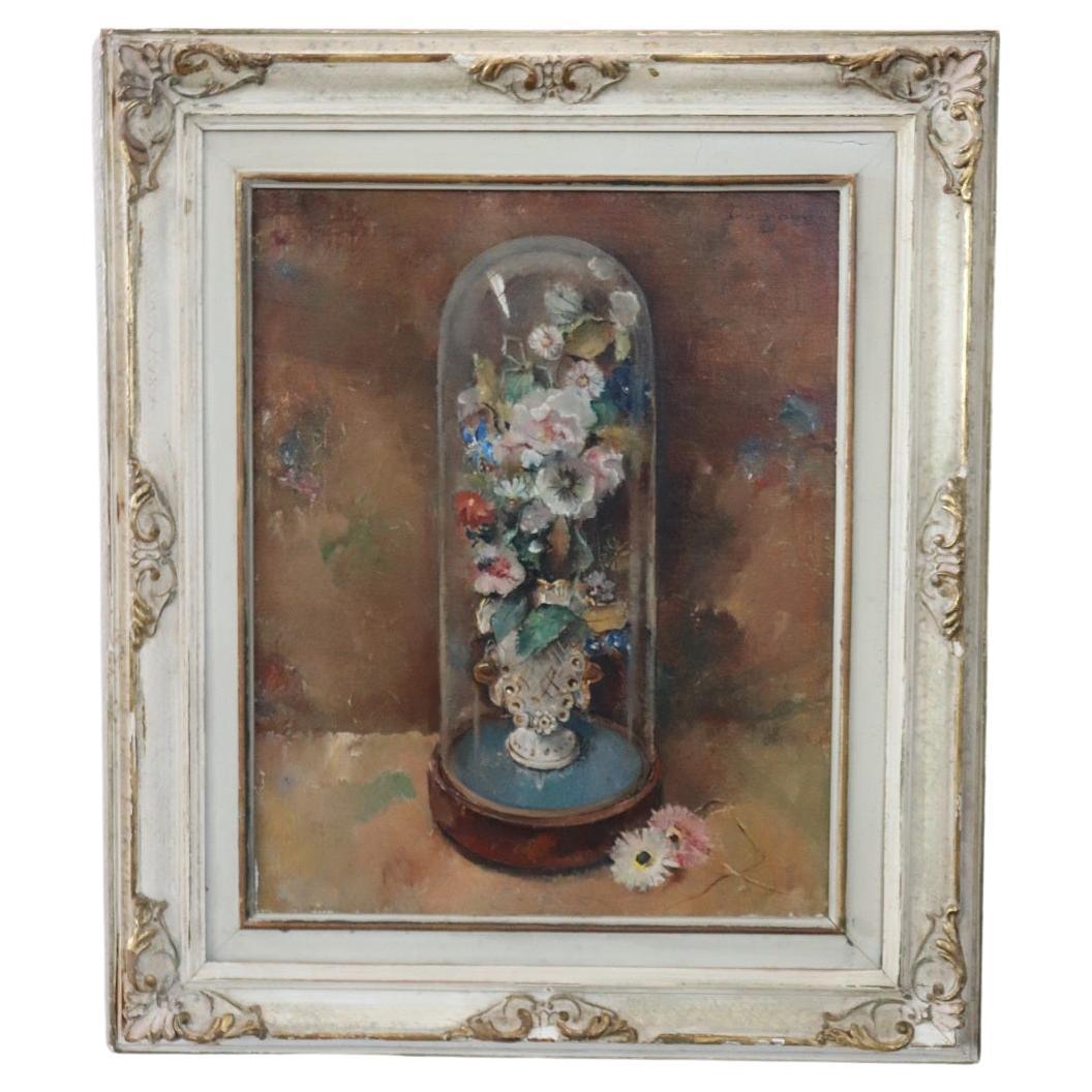 Oil Painting on Masonite Still Life with Flowers, Signed and Dated 1938 For Sale