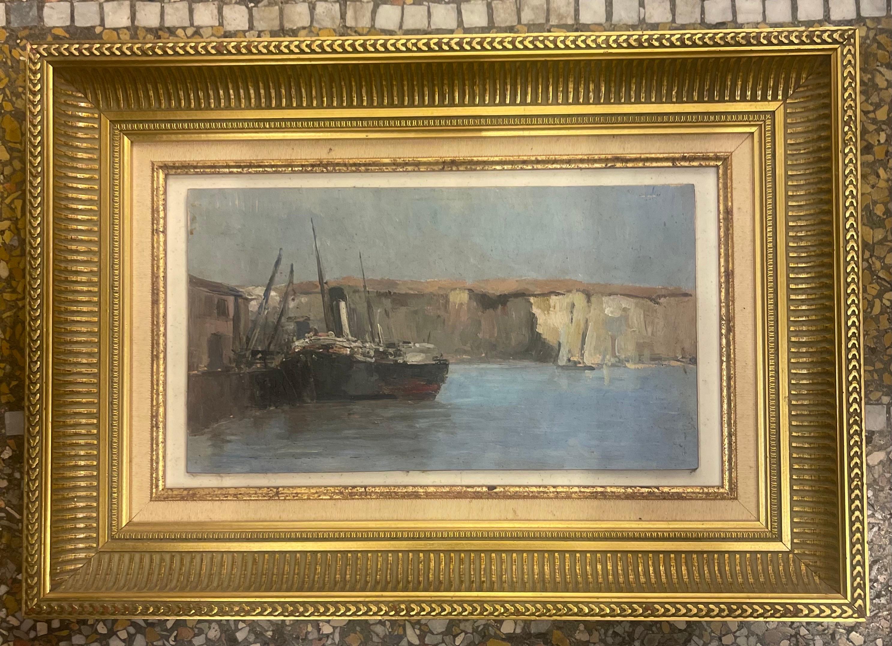 Pintura al Óleo sobre Panel Costa de Normandía Puerto Barco 1920 Francia Francés en venta