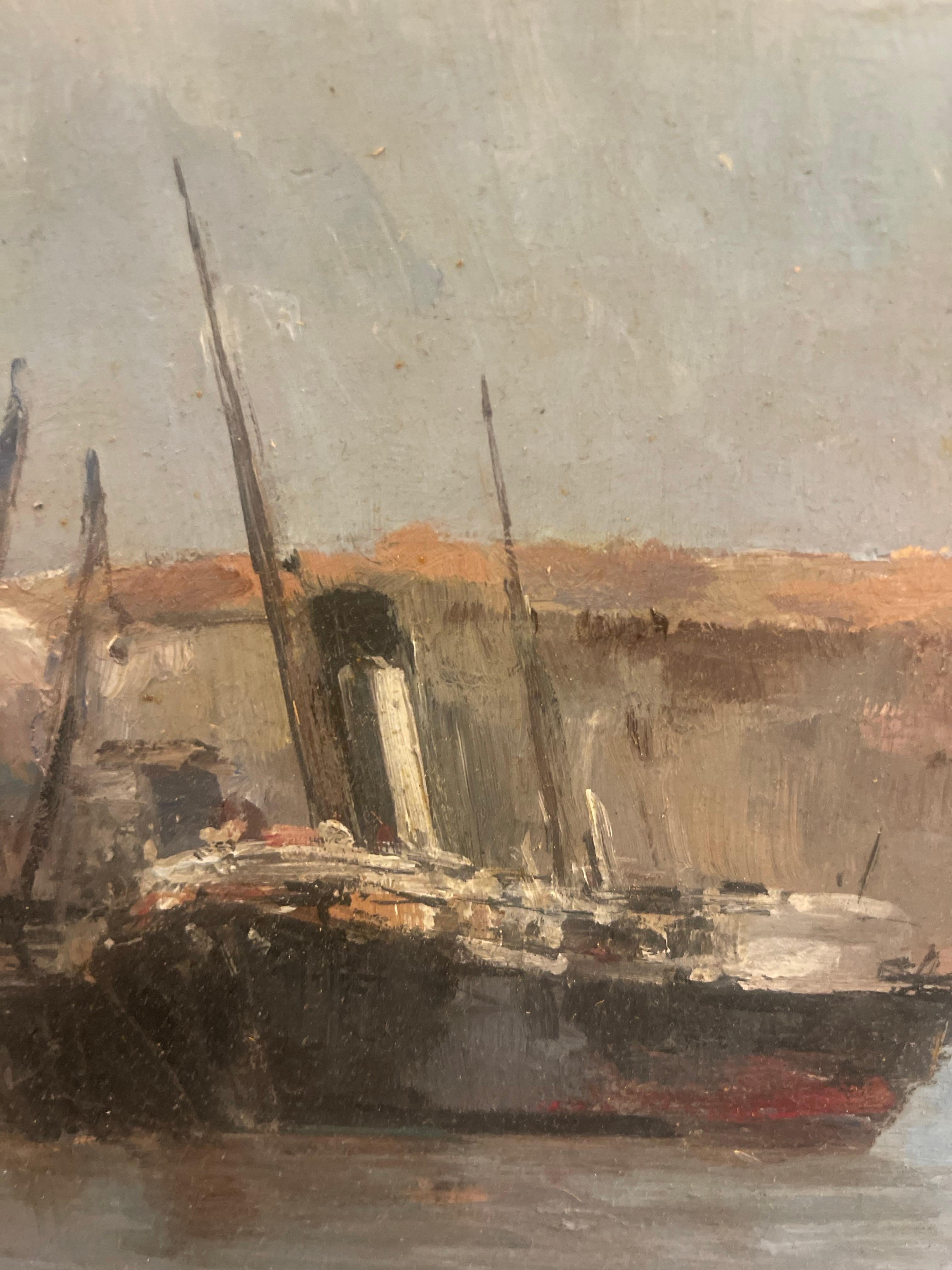 Pintura al Óleo sobre Panel Costa de Normandía Puerto Barco 1920 Francia en Bueno estado para la venta en palm beach, FL