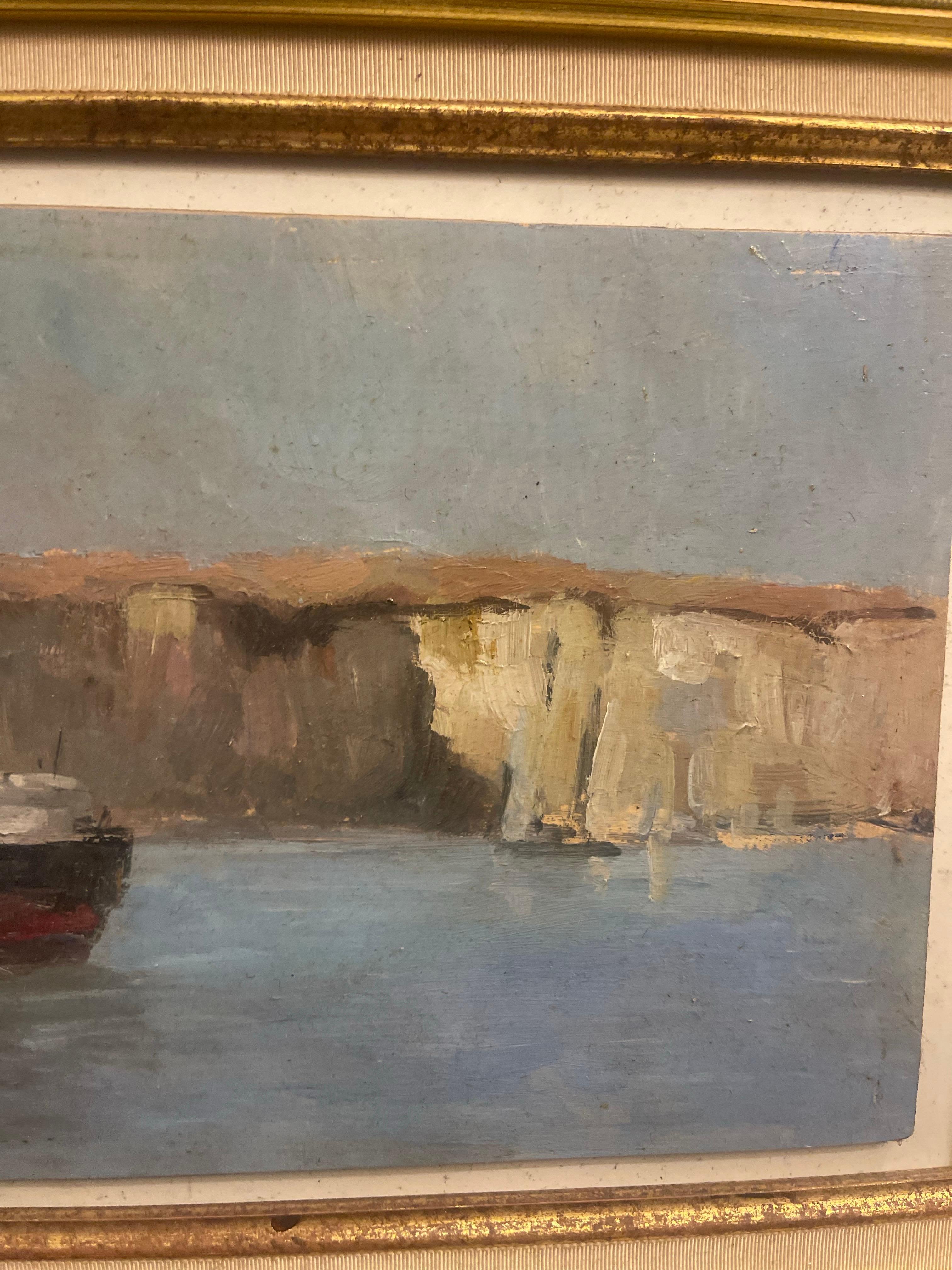 Pintura al Óleo sobre Panel Costa de Normandía Puerto Barco 1920 Francia siglo XX en venta