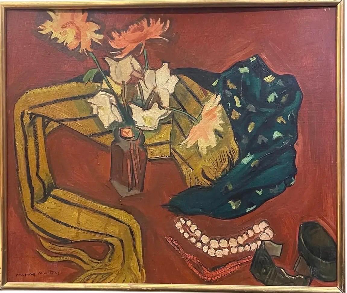 Oil painting on panel still life with jewelry signed Antoine Martinez 1940 France
On a red background, this still life represents a bouquet of flowers accompanied by fabric with geometric prints and jewelry. In a cubic spirit, its bright colors and
