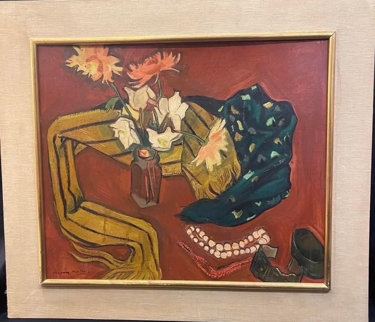 Oil Painting on Panel Still Life With Jewelry Signed Antoine Martinez 1940 In Good Condition For Sale In palm beach, FL