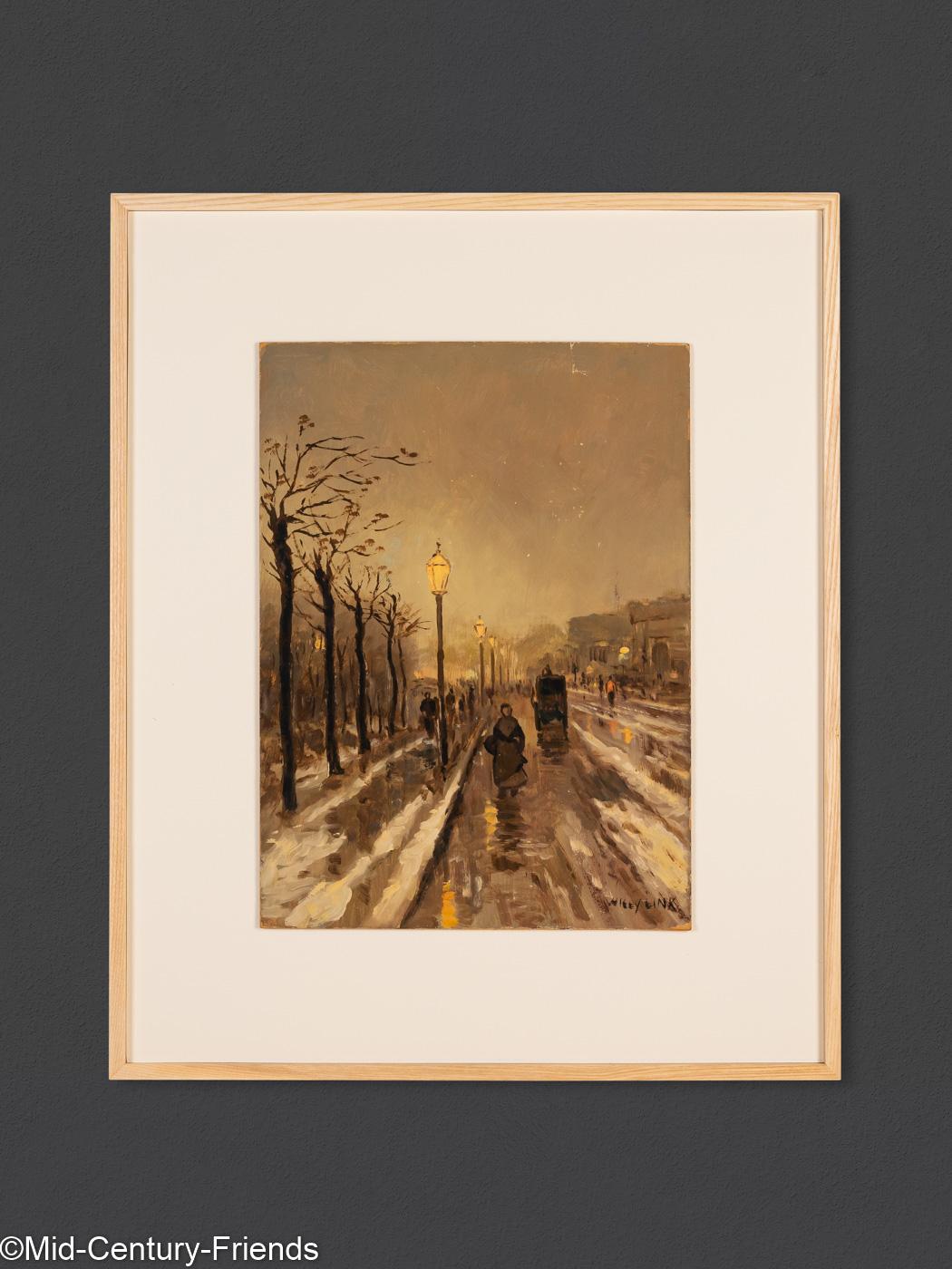 Art Deco Oil Painting on Plate Wilhelm Link 1920s Urban Fall Berlin Rainy Day Framed For Sale