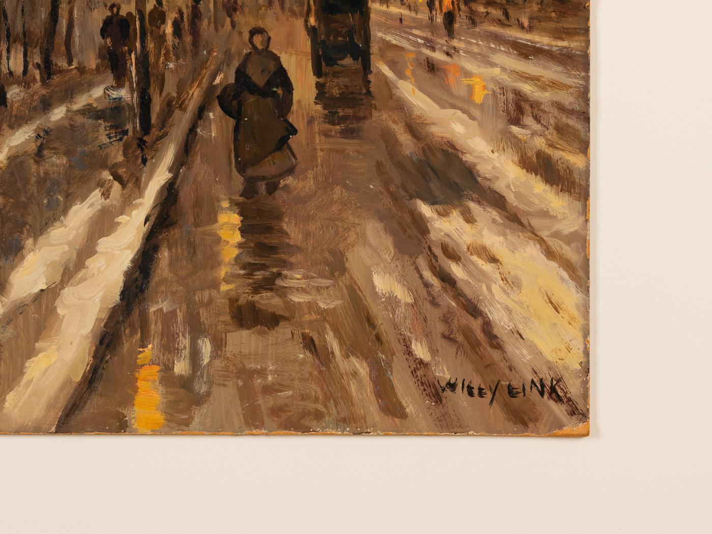 Inizio XX secolo Pittura a olio su lastra Wilhelm Link 1920 Urban Fall Berlin Rainy Day Incorniciata in vendita