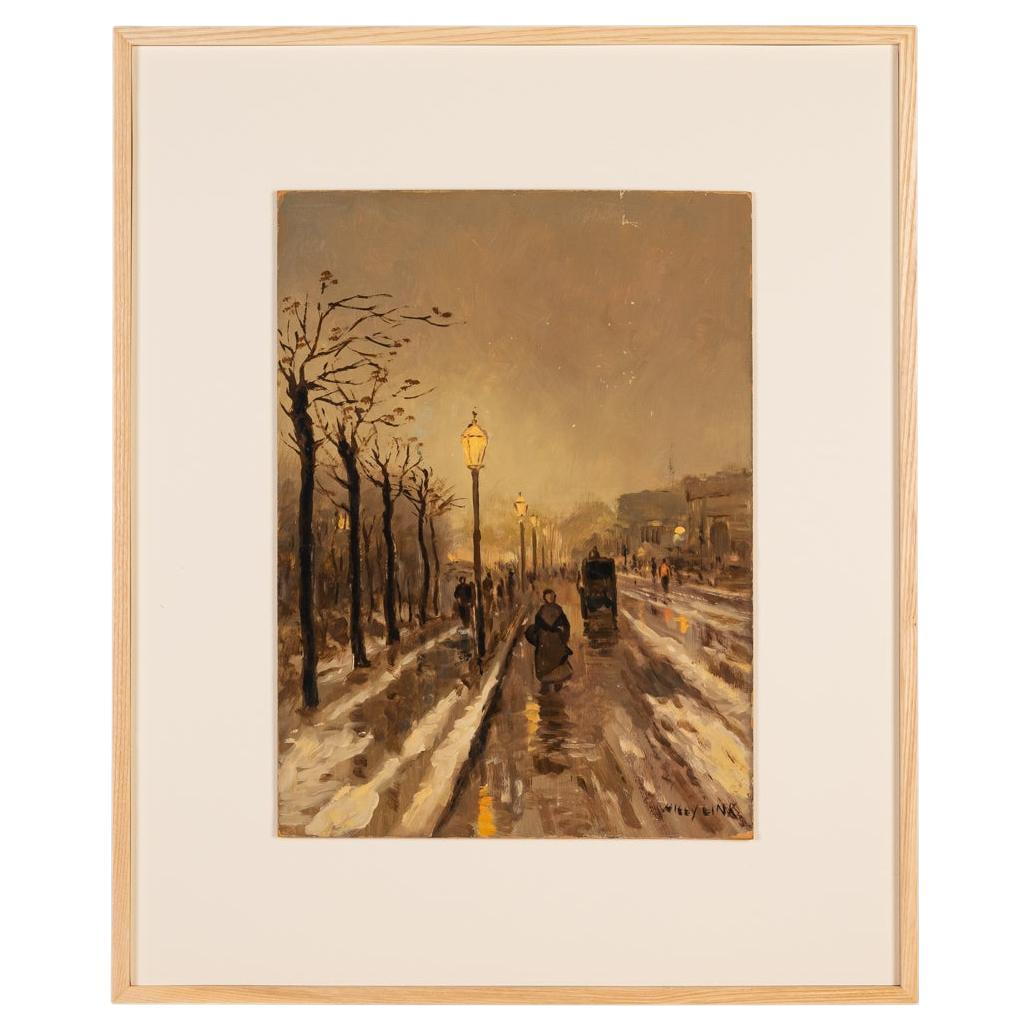 Oil Painting on Plate Wilhelm Link 1920s Urban Fall Berlin Rainy Day Framed For Sale