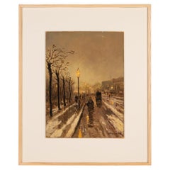 Pintura al óleo sobre tabla Wilhelm Link Años 20 Otoño urbano Berlín Día lluvioso Enmarcada