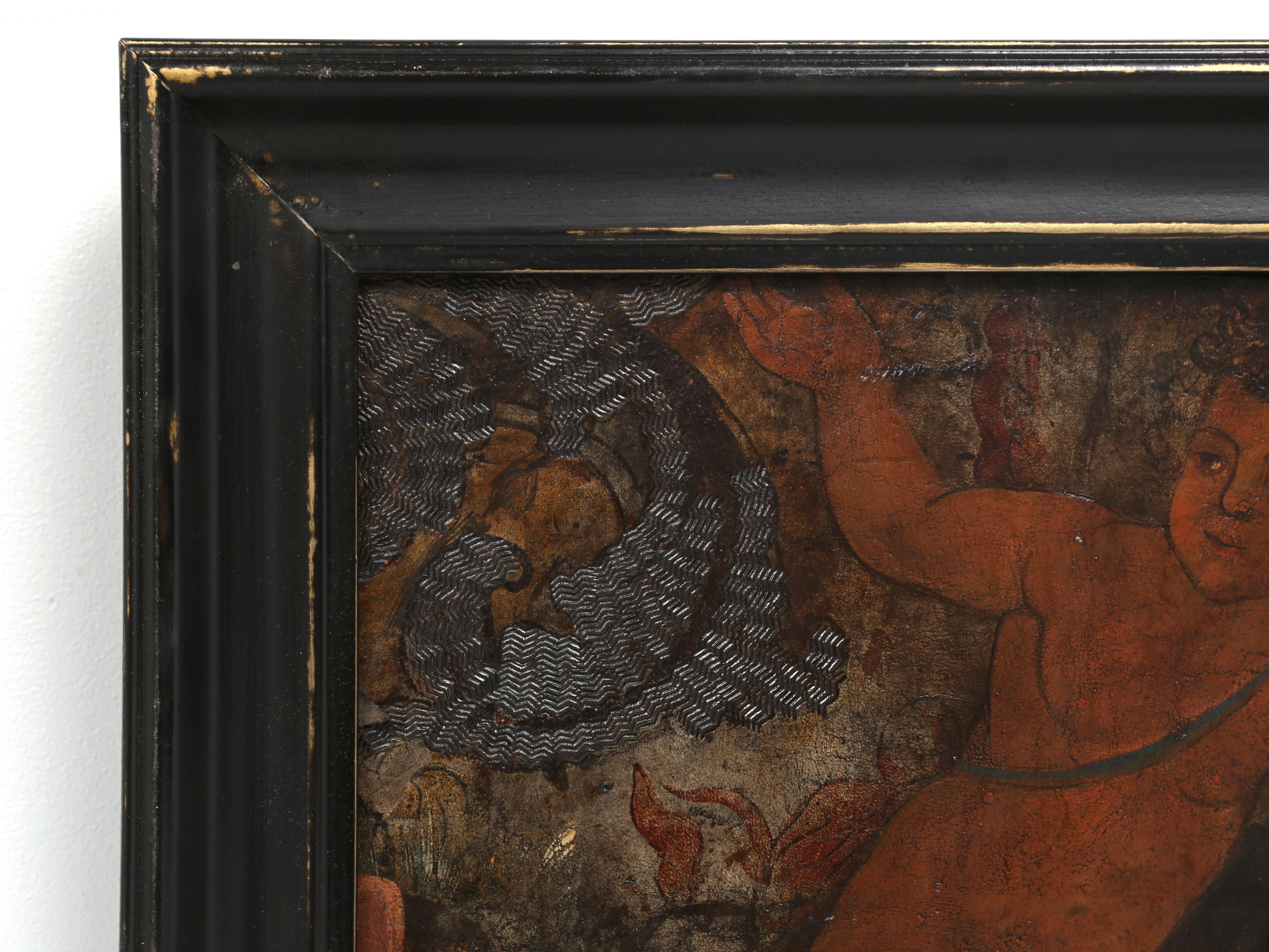 Hand-Carved Oil Painting on Tooled Leather of a Putti or Cherub Male Child from Spain 17th C For Sale