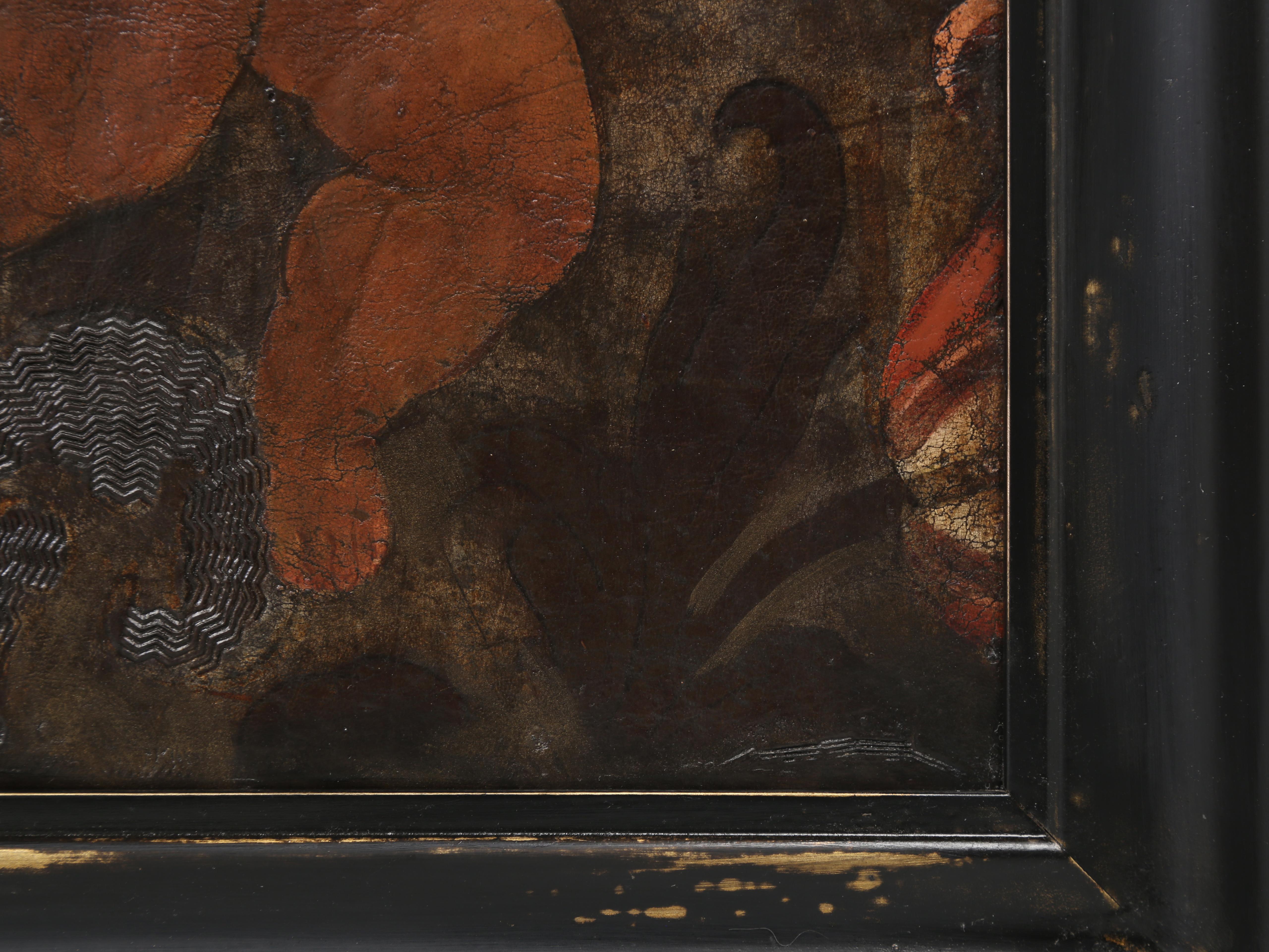 Oil Painting on Tooled Leather of a Putti or Cherub Male Child from Spain 17th C For Sale 3