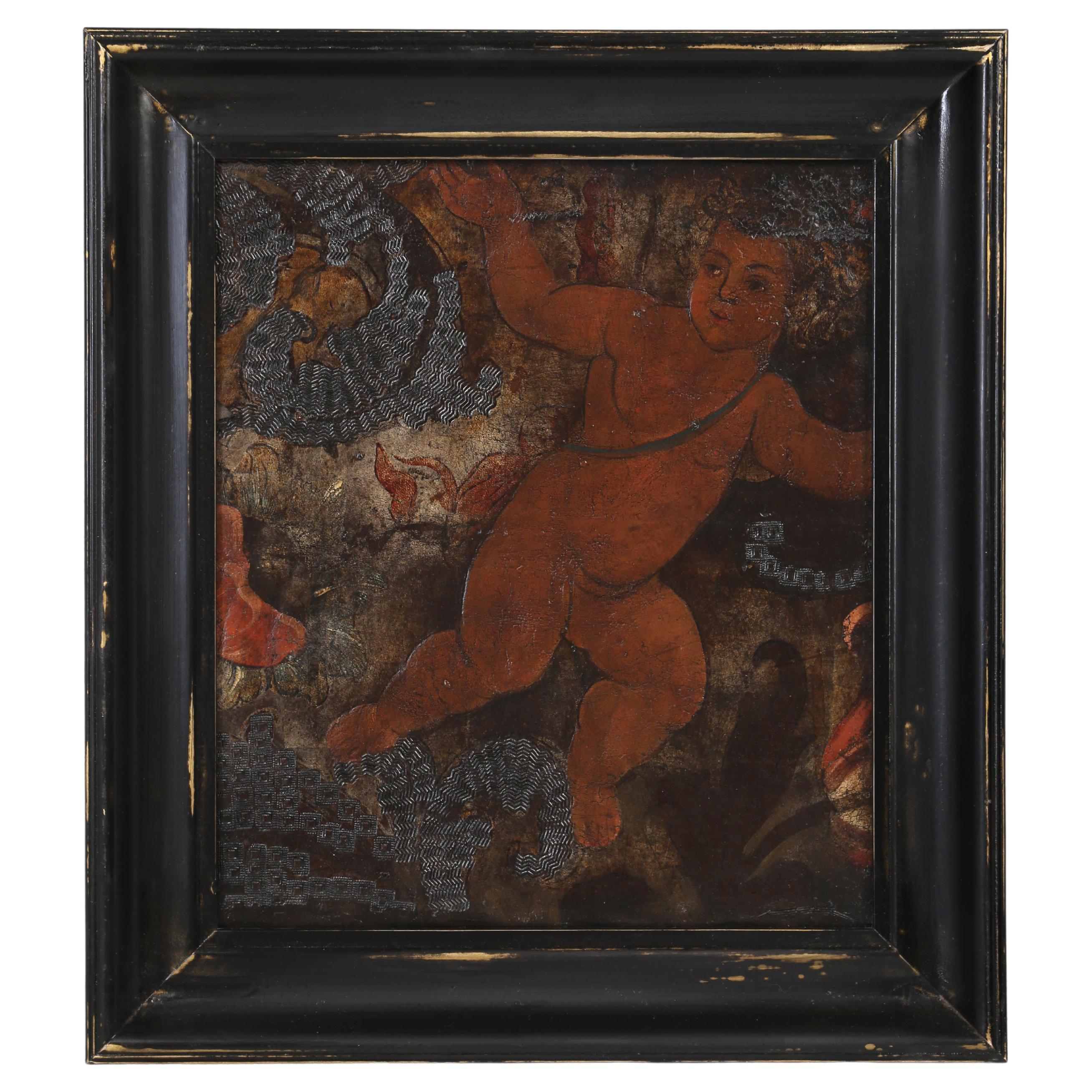 Oil Painting on Tooled Leather of a Putti or Cherub Male Child from Spain 17th C For Sale