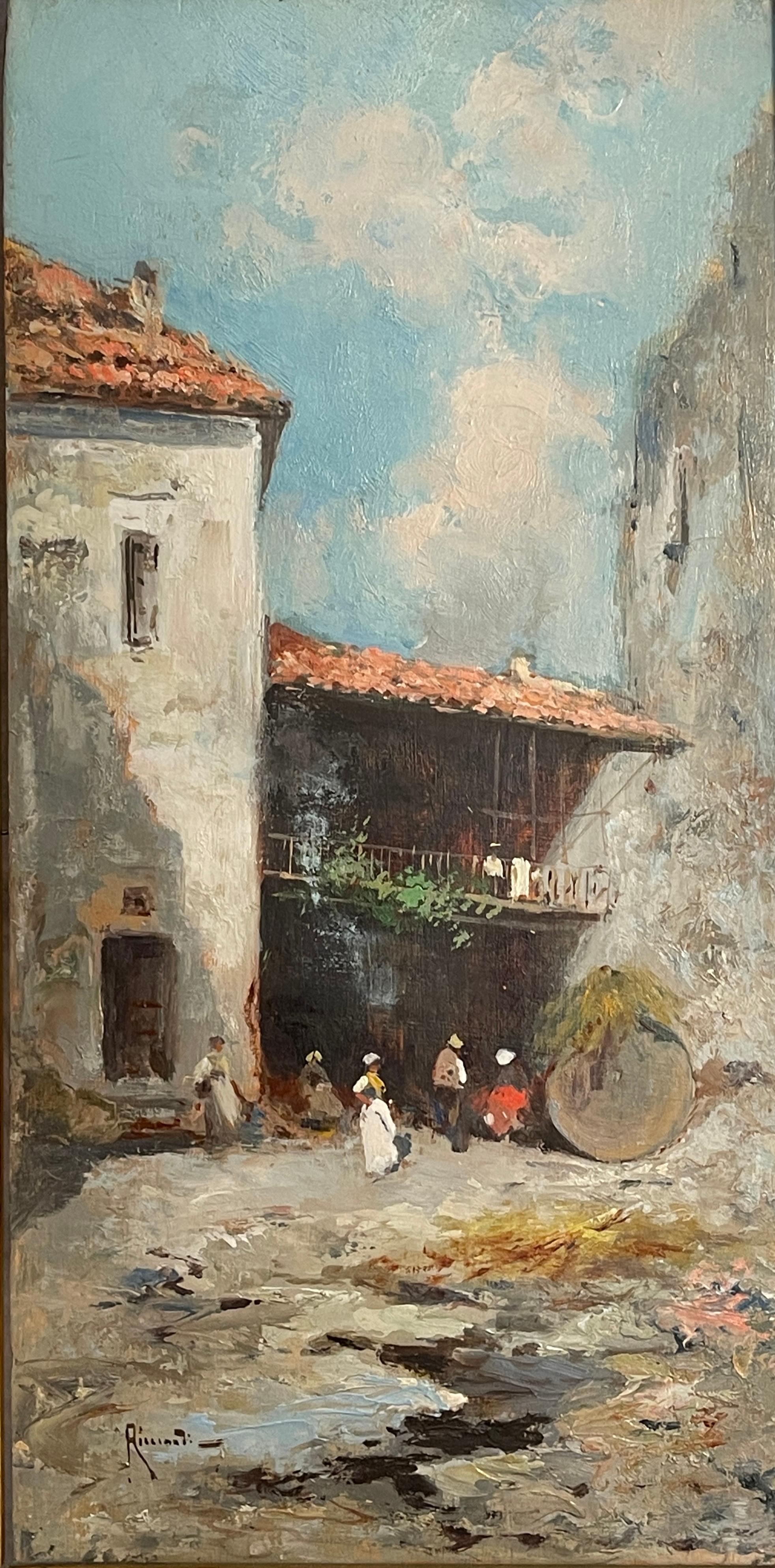 Oil painting on wood, country houses, late 19th century, Ricciardi
Oil painting on wood, depicting an interior scenario of railing houses with characters.
Signed lower left and on the back the title “Case campestri”.
Good condition as from