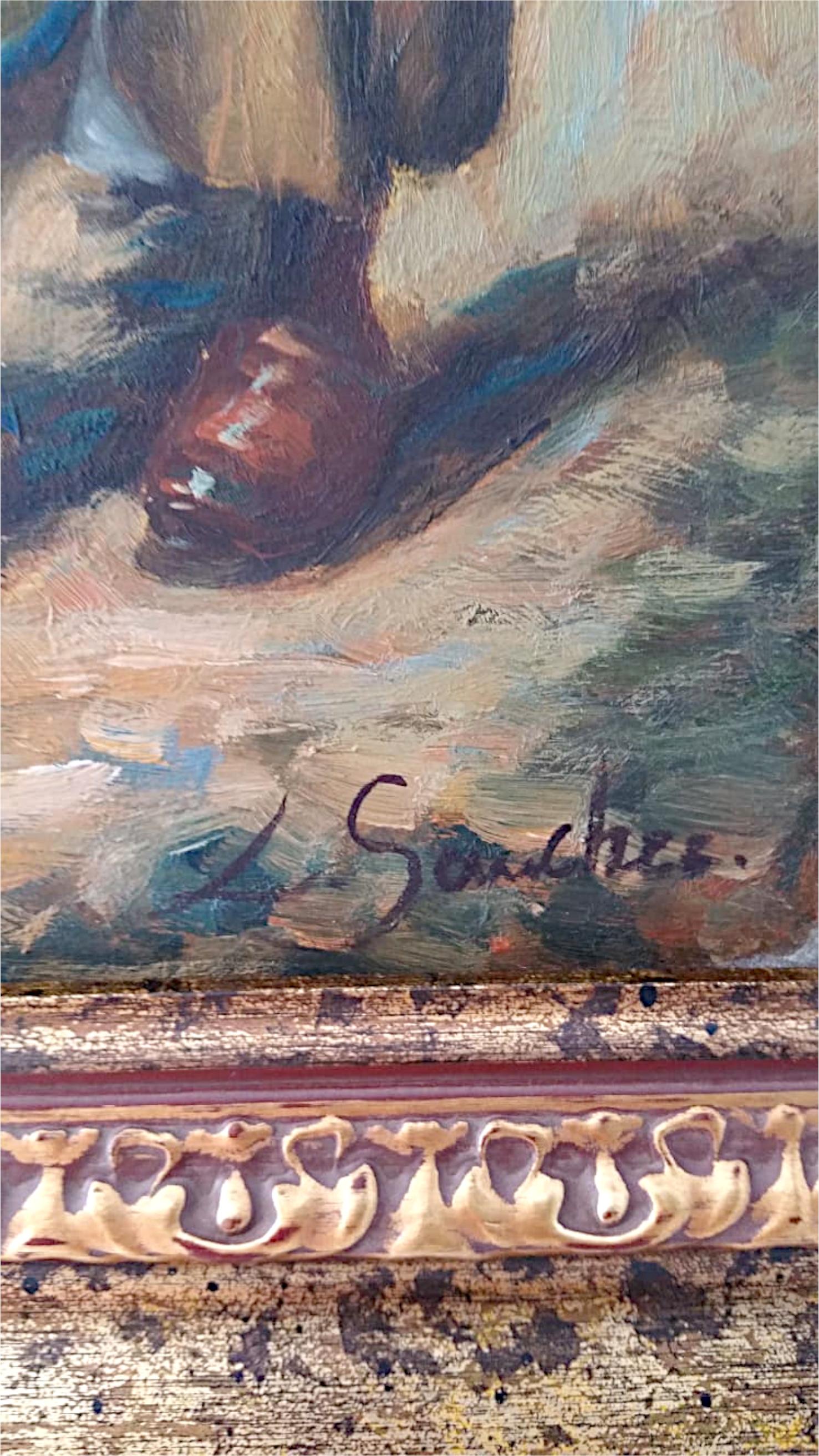 Oil painting on wood signed L. Sanchez In Good Condition For Sale In Benalmadena, ES