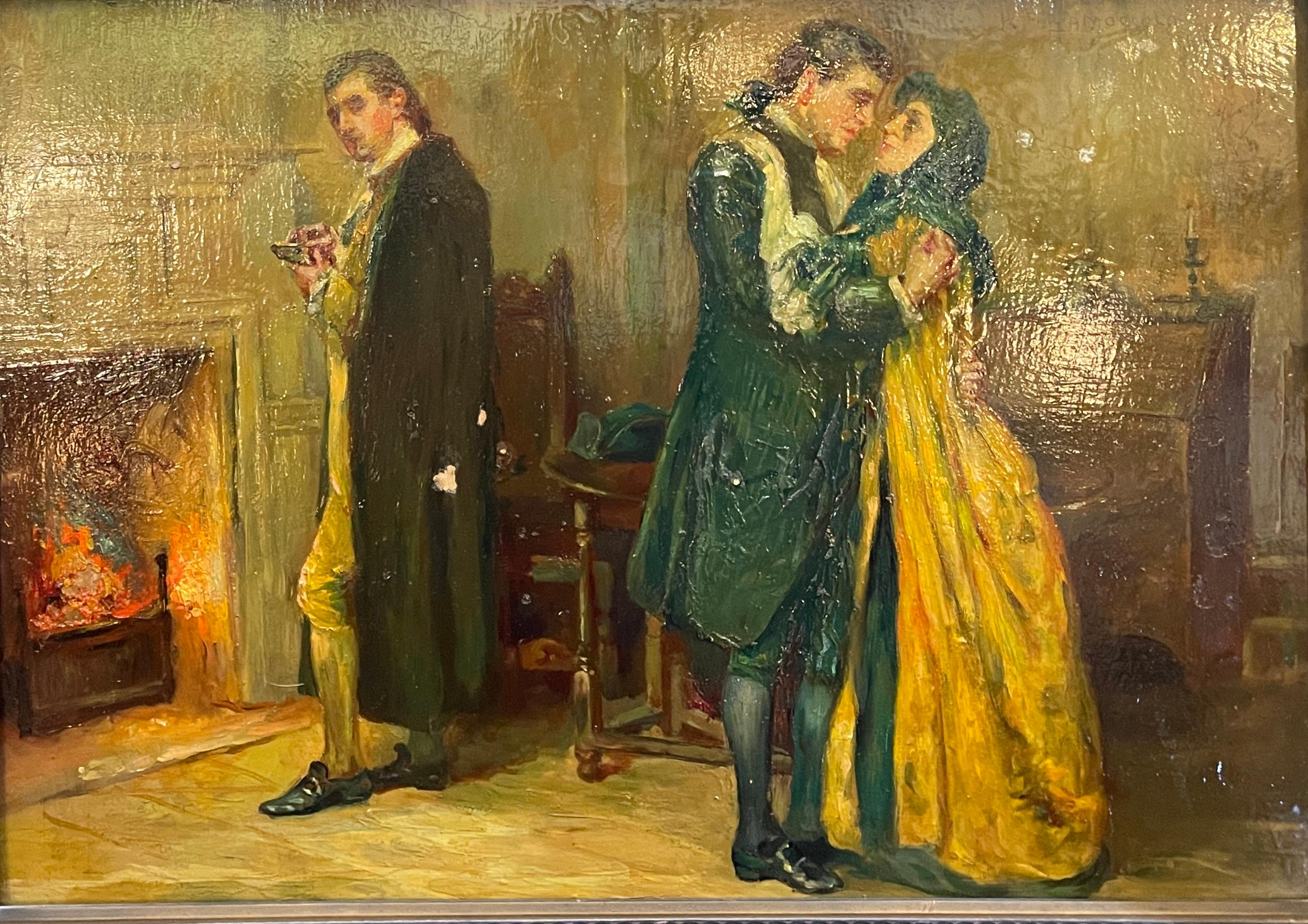 Refined painting, very bright and rich in details, it represents 3 figures in an interior scene, the painting stands out for the use of colors and the brilliant finish.
Signed top right
Good condition, as per photos, some small signs of