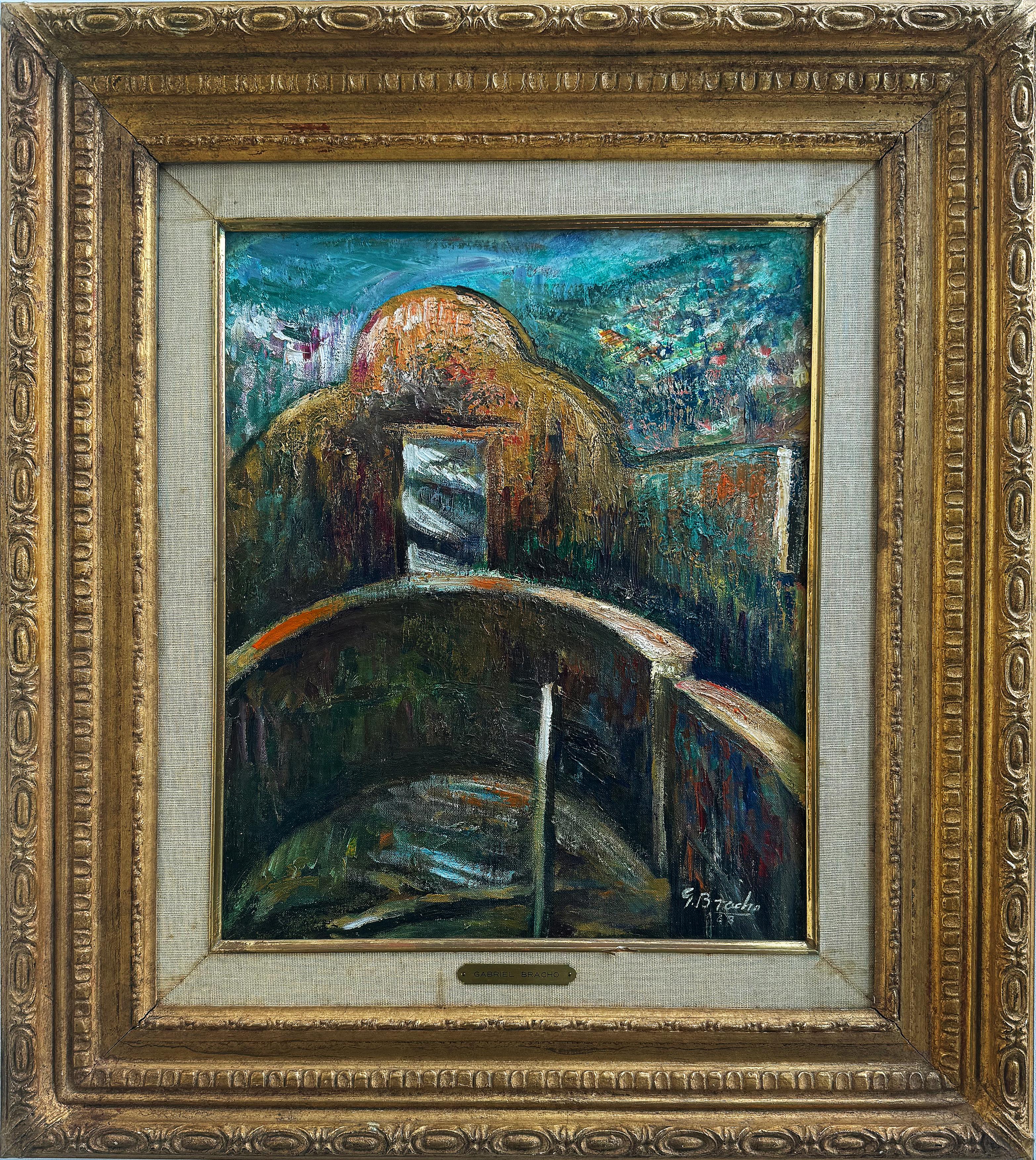 Peinture à l'huile sur Wood, artiste vénézuélien Gabriel Bracho Porte de l'aqueduc de Caracas en vente 3
