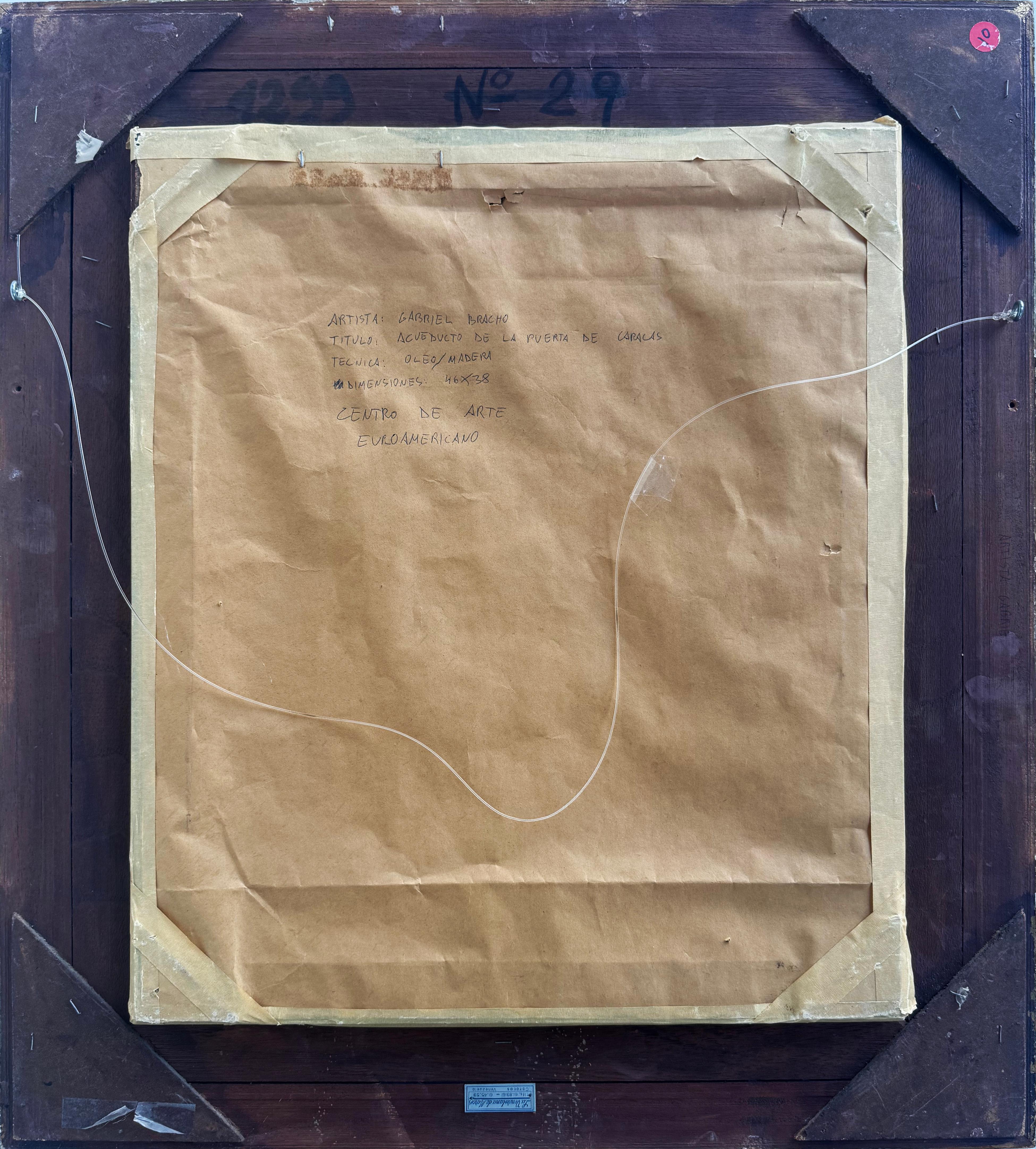 Peinture à l'huile sur Wood, artiste vénézuélien Gabriel Bracho Porte de l'aqueduc de Caracas en vente 4