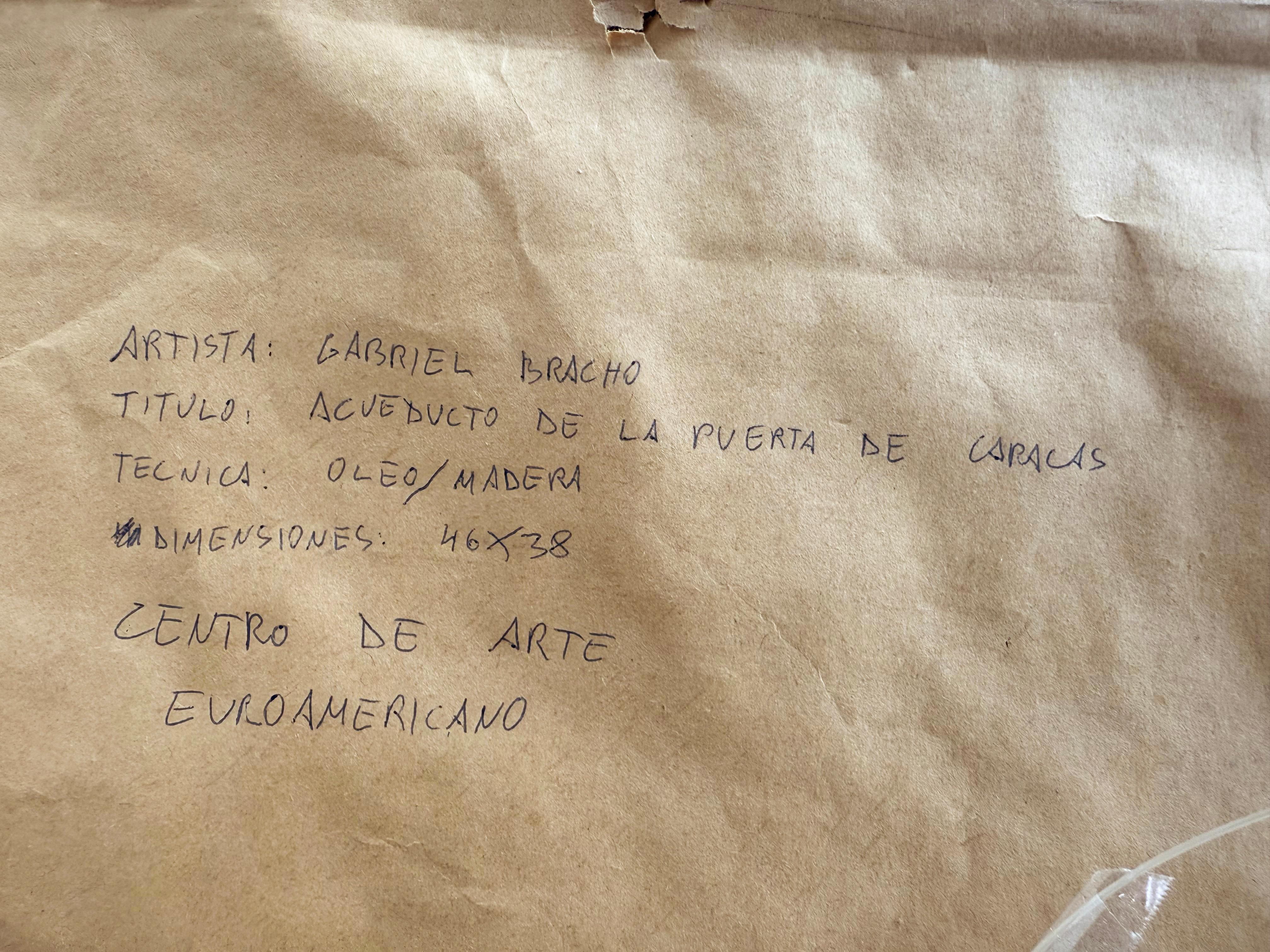 Peinture à l'huile sur Wood, artiste vénézuélien Gabriel Bracho Porte de l'aqueduc de Caracas en vente 5