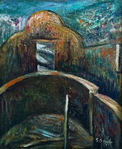 Oil Painting on Wood, Venezuelan Artist Gabriel Bracho Aquaduct Door of Caracas