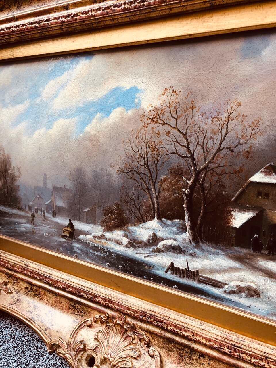 Romantic Oil Painting on Wood Winter Landscape by Pannet, 19th Century