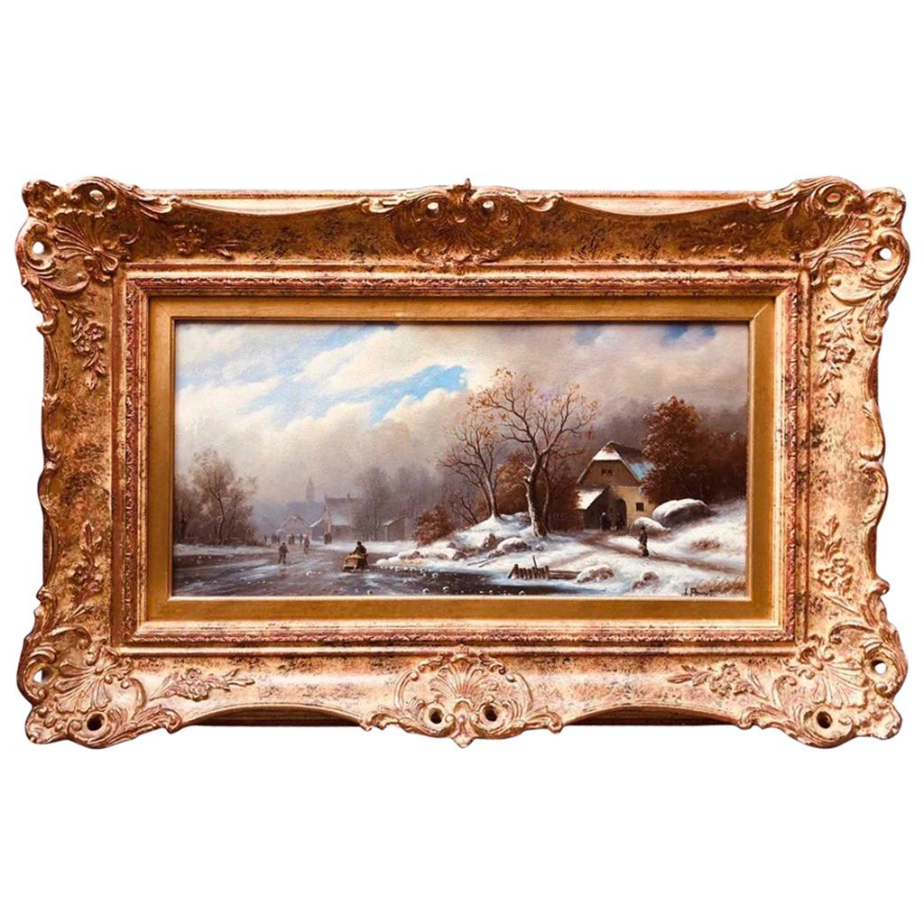 Oil Painting on Wood Winter Landscape by Pannet, 19th Century