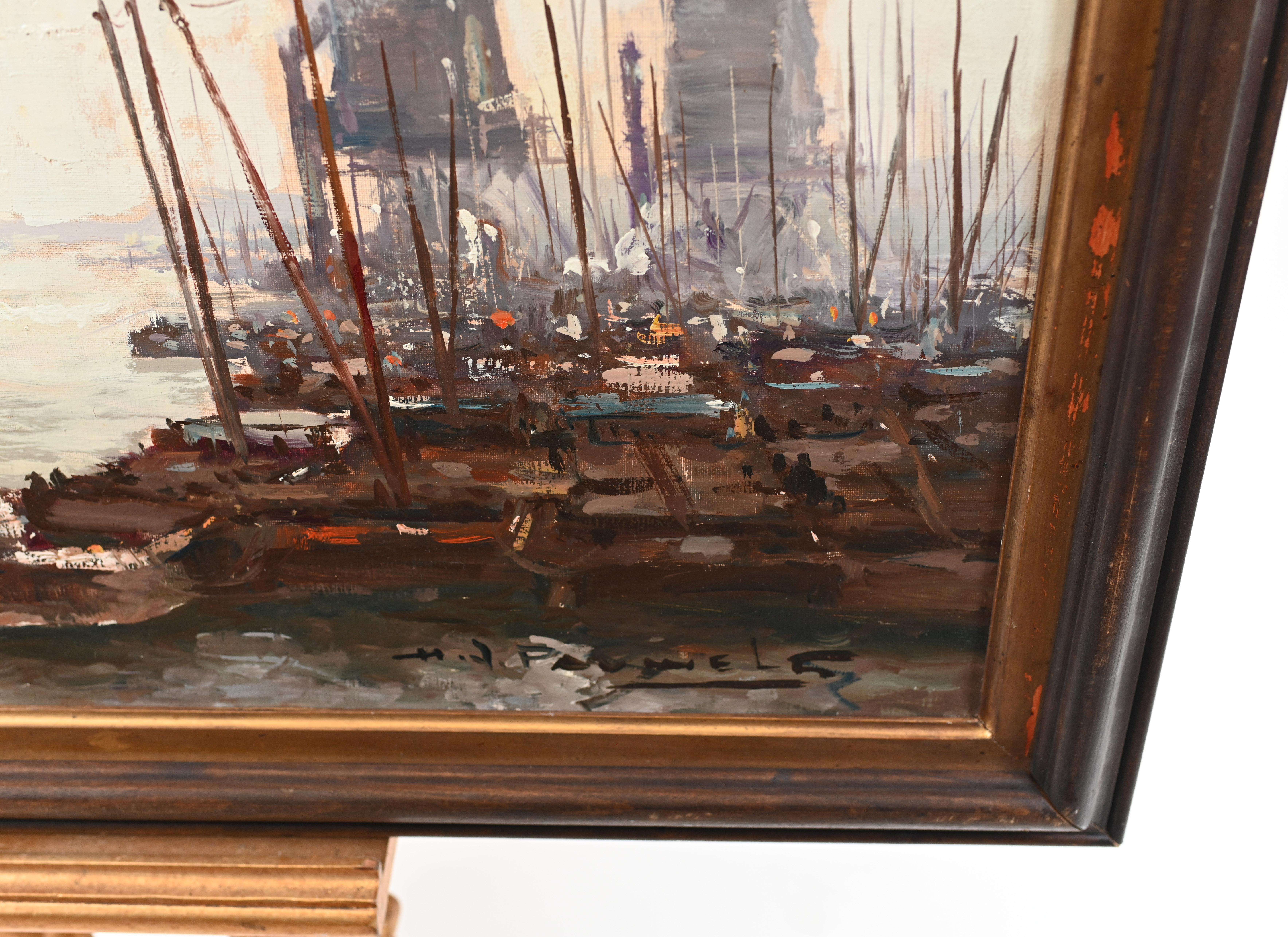 Mid-20th Century Oil Painting Ostend Maritime Ship Signed Pauwels Antique Art