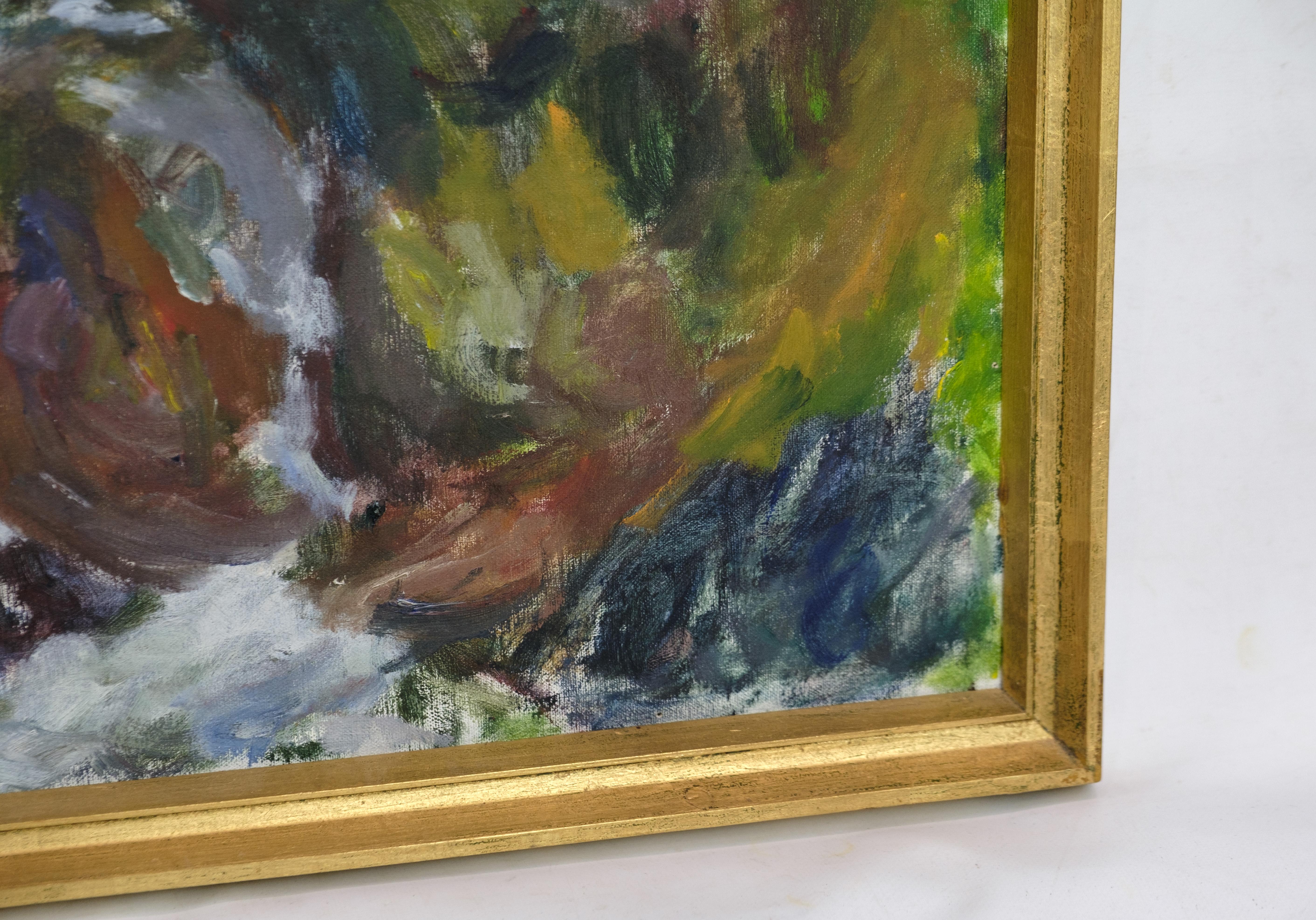Mid-Century Modern Oil Painting With Green & Brown Shades By Sixten Wiklund From 1950s For Sale