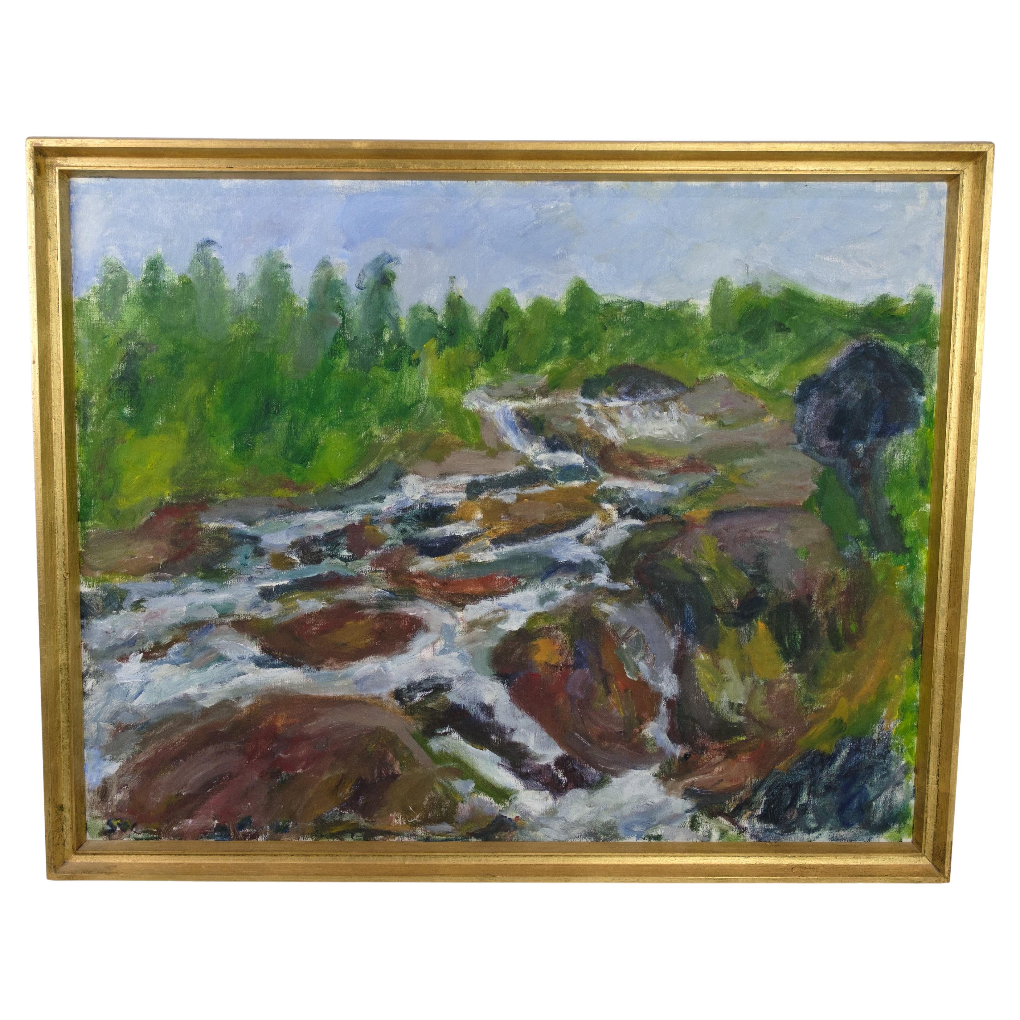 Oil Painting With Green & Brown Shades By Sixten Wiklund From 1950s For Sale