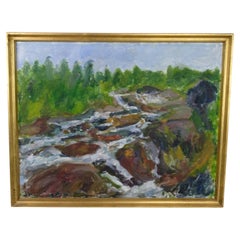 Peinture à l'huile aux teintes vertes et brunes de Sixten Wiklund datant des années 1950