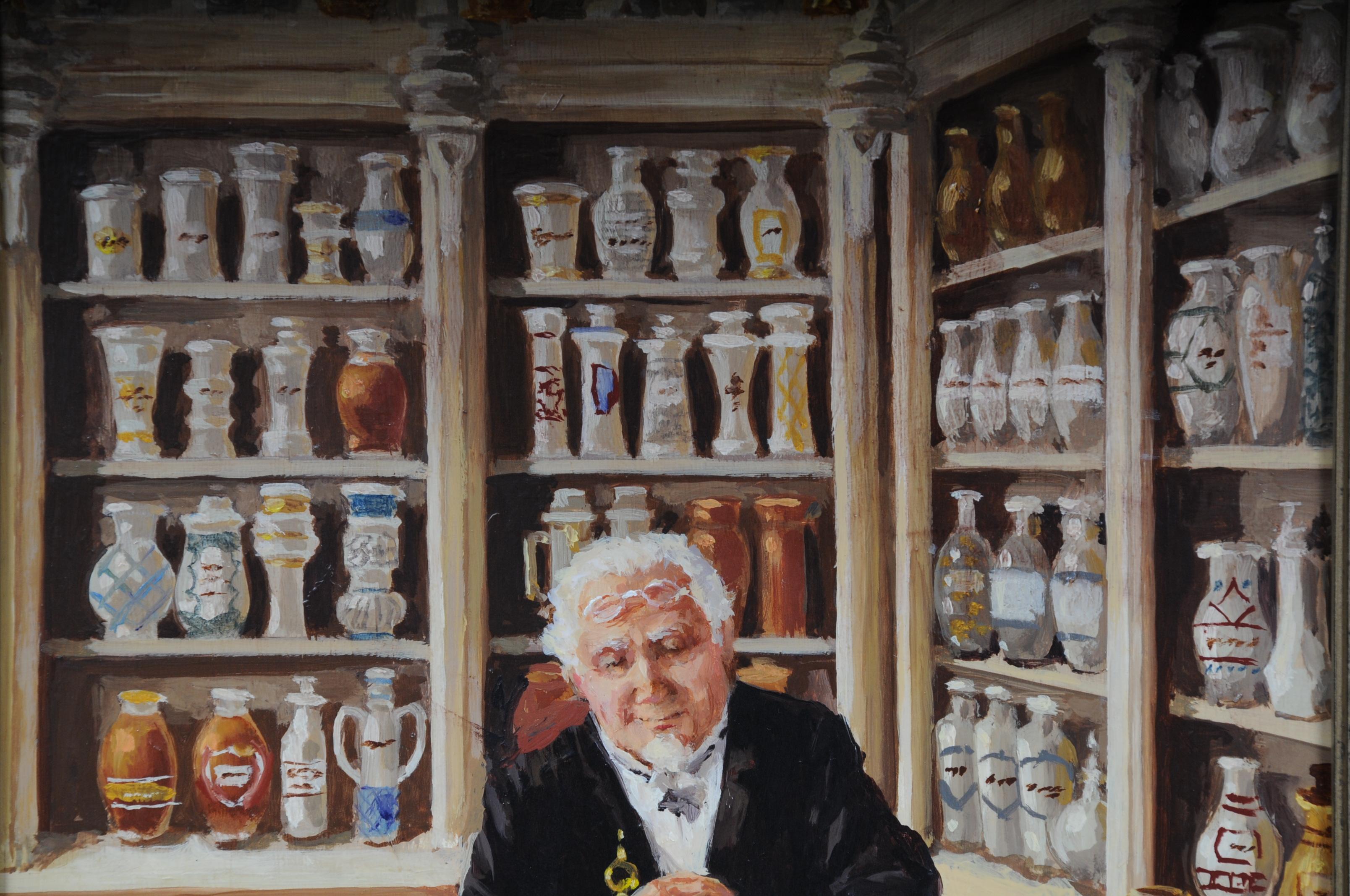 Hand-Painted Oil Painting Pharmacist Signed, 20th Century For Sale