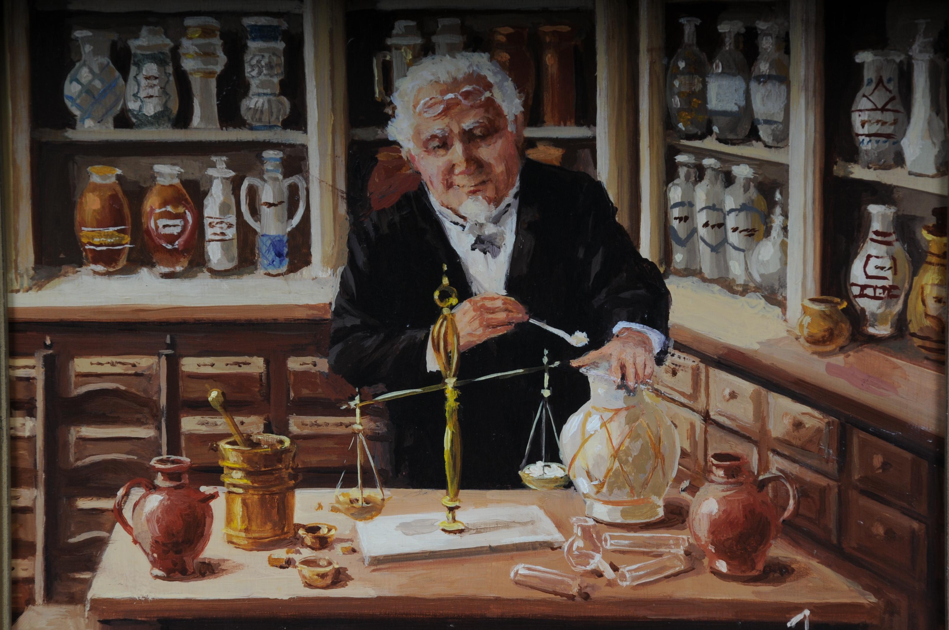 Oil Painting Pharmacist Signed, 20th Century In Good Condition For Sale In Berlin, DE