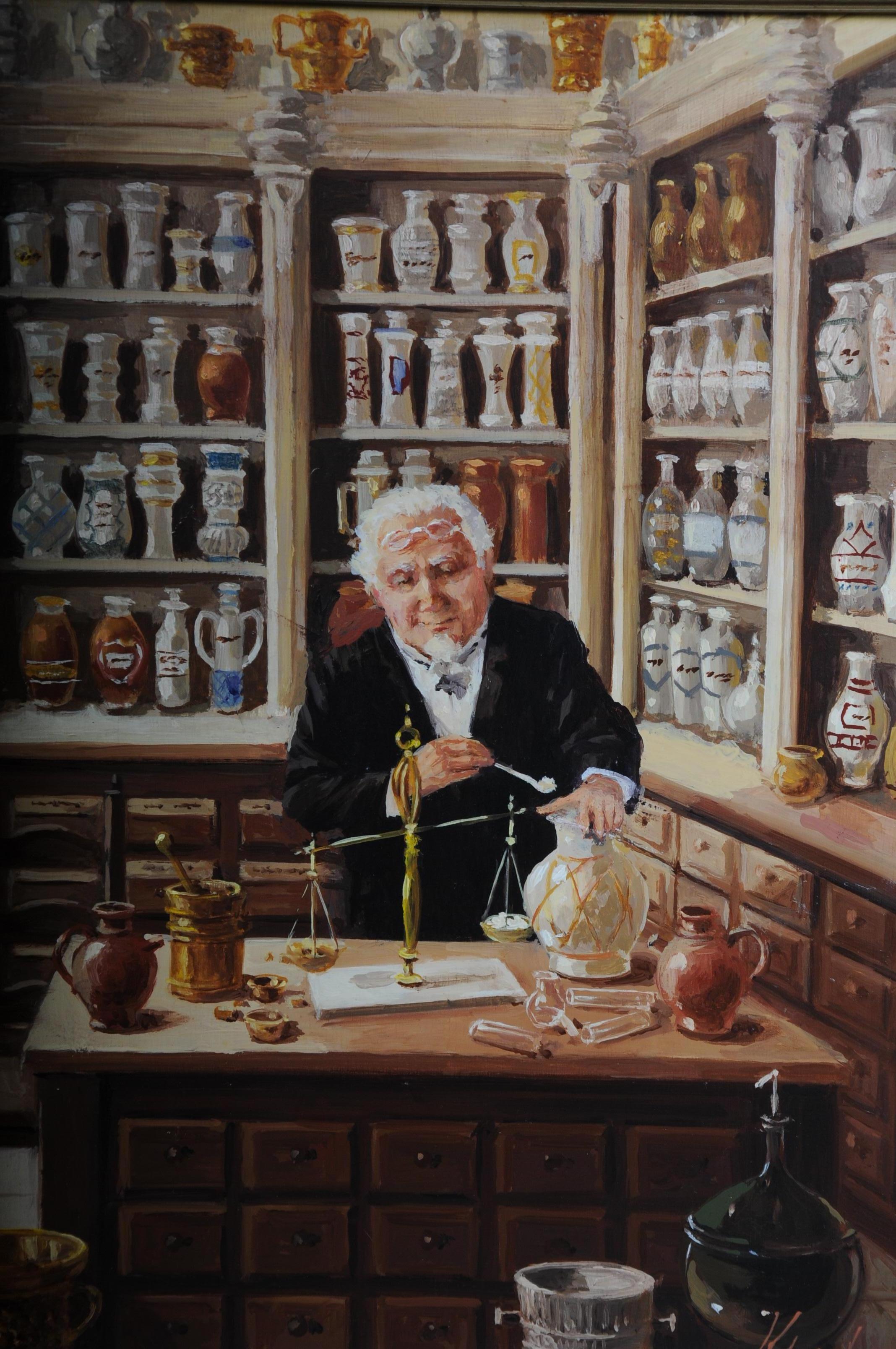 Oil Painting Pharmacist Signed, 20th Century For Sale 1