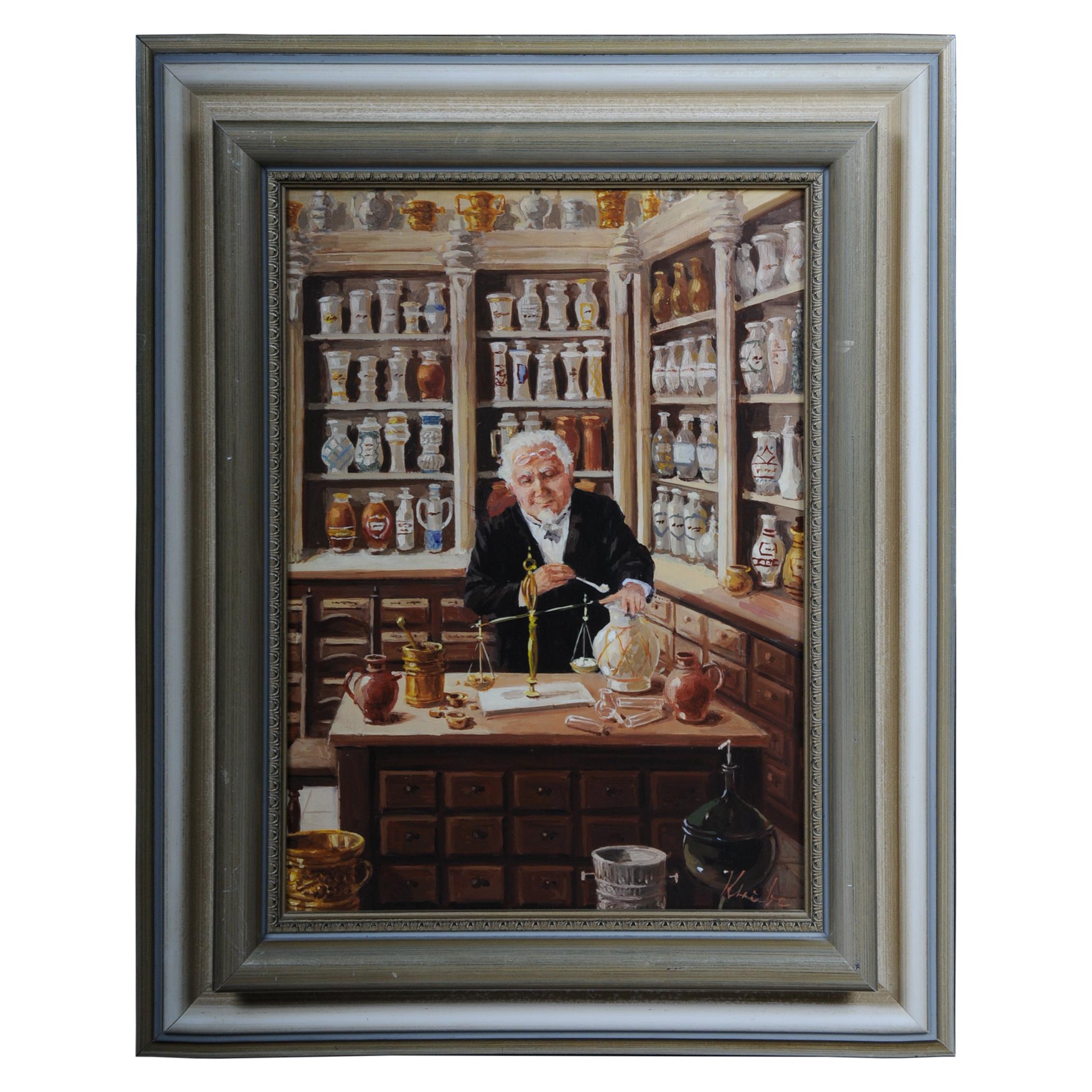 Oil Painting Pharmacist Signed, 20th Century For Sale