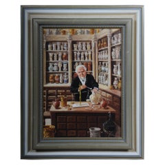 Vintage Oil Painting Pharmacist Signed, 20th Century