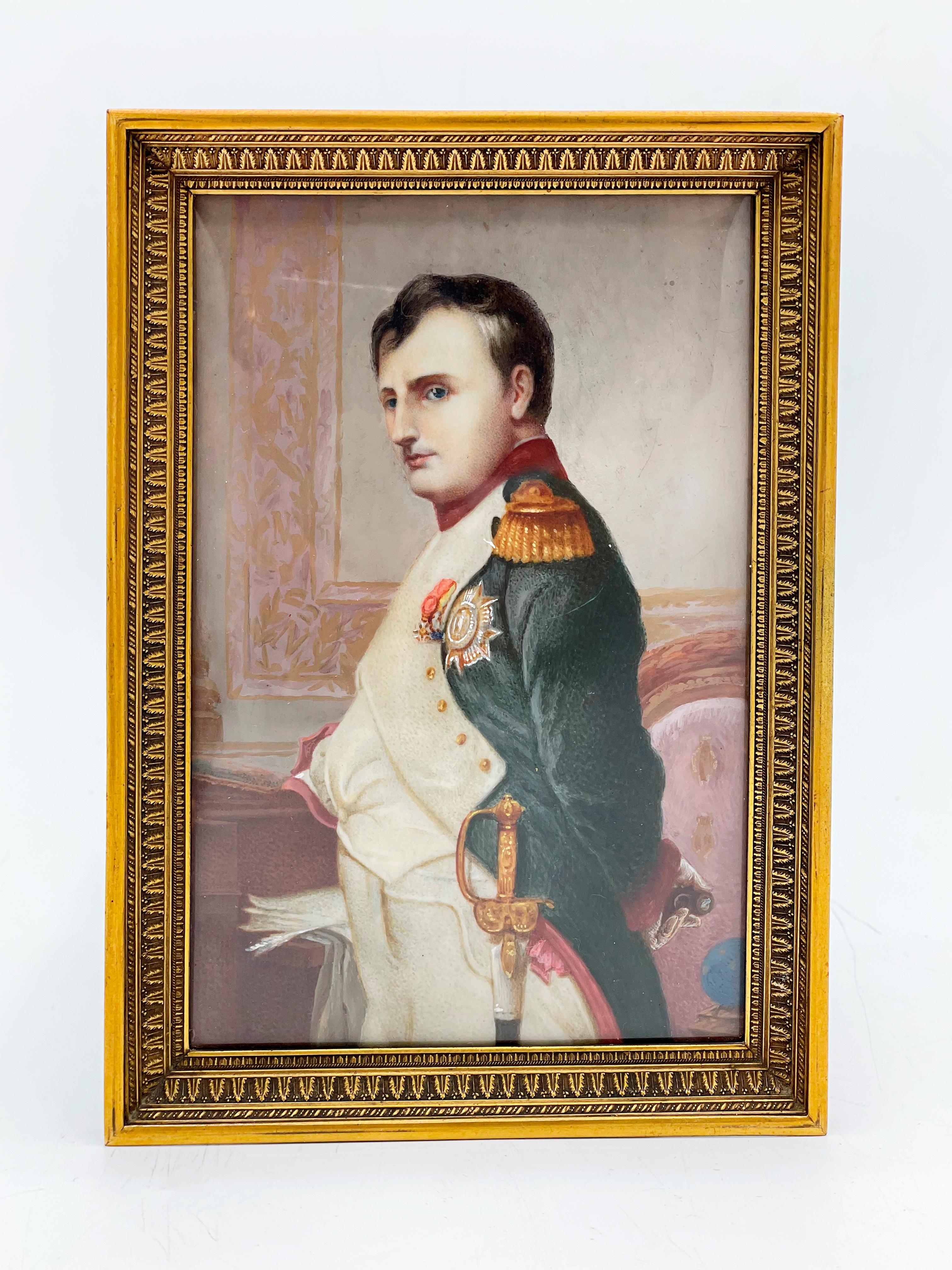 French Oil Painting Portrait Miniature: Napoleon Bonaparte, Full Military Dress For Sale