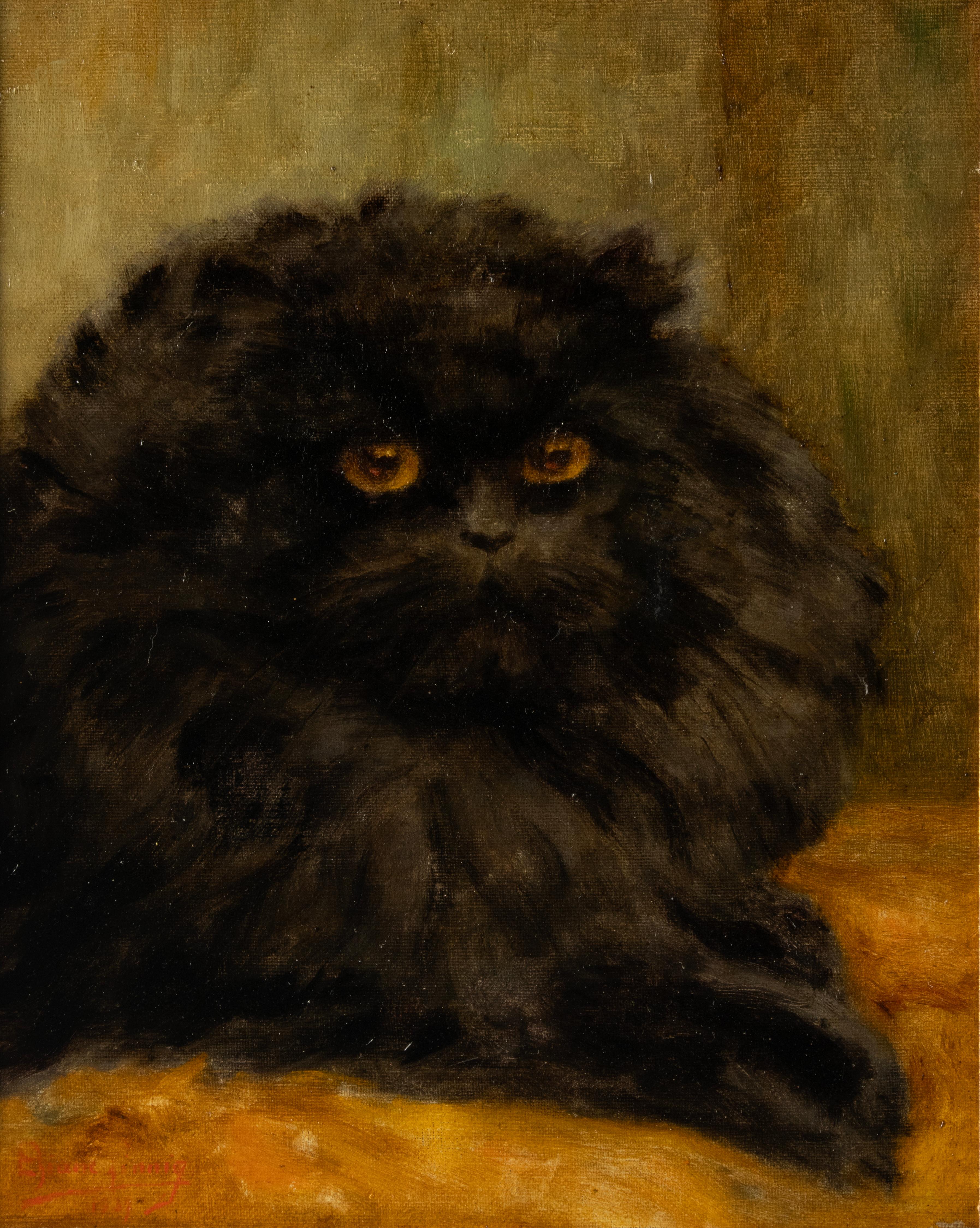 A beautiful oil painting, portrait of a black Persian cat.
Beautifully painted, the cat's fur and gaze are strikingly painted.
The painting is by the Belgian female artist Diane Linnig. Signed and dated lower left.
Diane Linnig lived from 1894 to