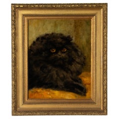 Antique Oil Painting - Portrait of a Black Persian Cat - Diane Linnig - 1937