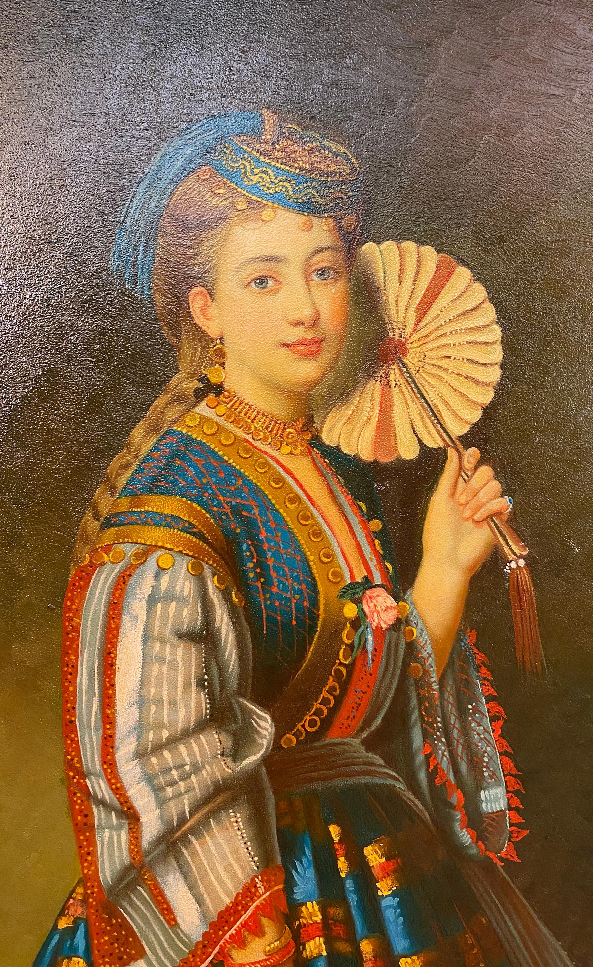 A fine oil on canvas painting representing a woman in a typical Ottoman costume of XIX century. Very good condition. 

This beautiful and good quality work of art possesses vibrant colors and is very well executed. 
Certificate of authenticity