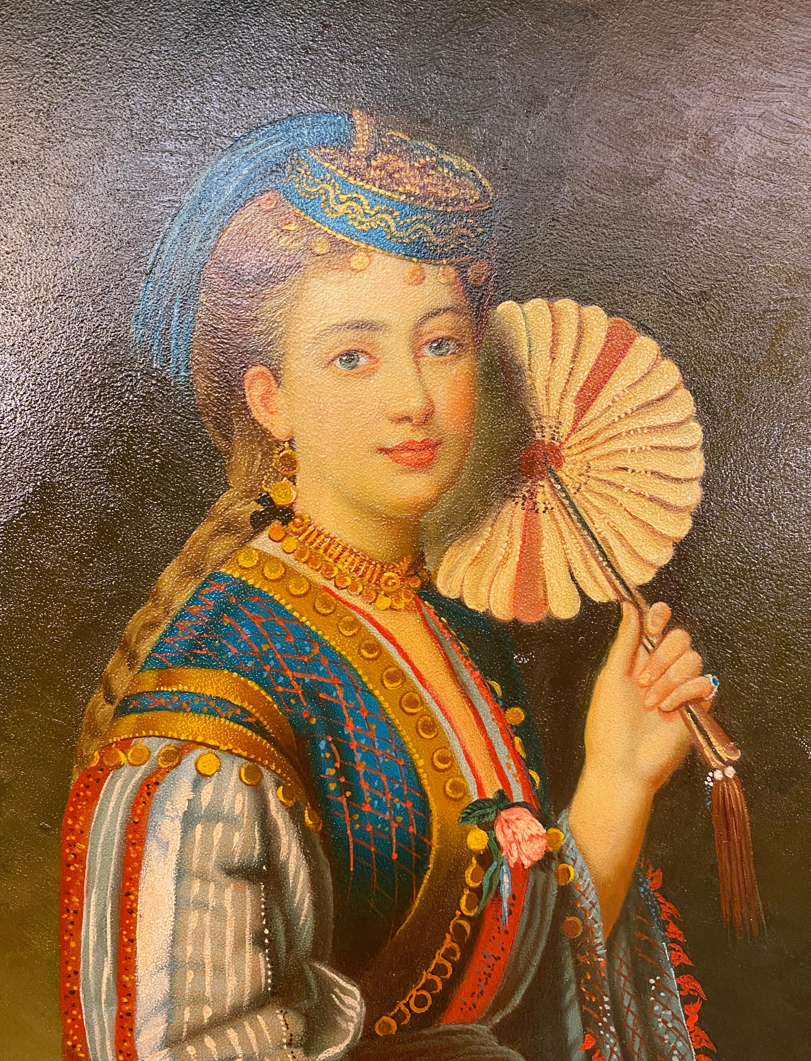 20th Century Oil Painting Portrait of a Lady Dressed in Ottoman Style Costume, Certified For Sale