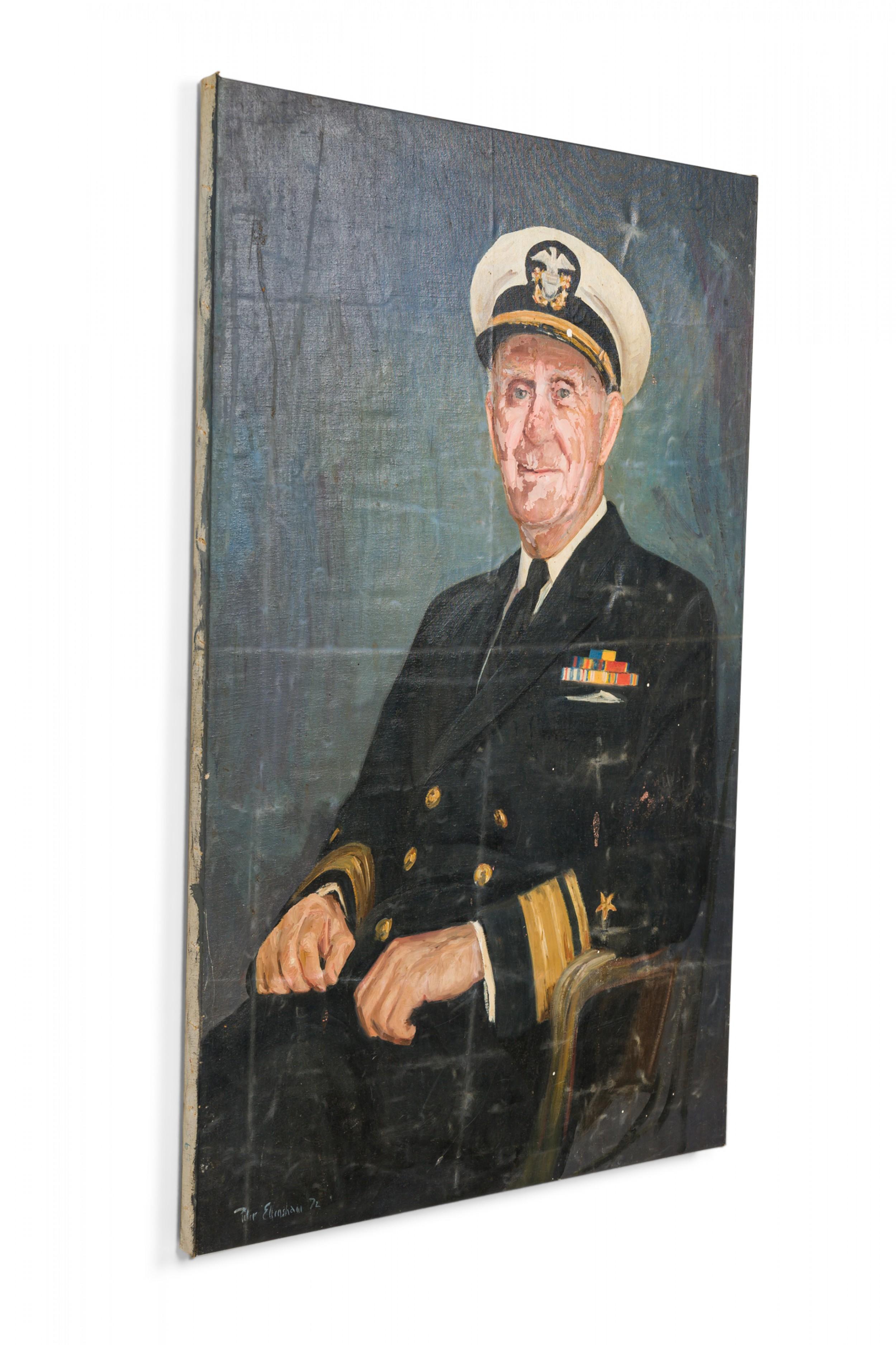 Vintage oil painting portrait depicting an American Naval officer in uniform seated against a blue and gray background, painted on stretched canvas.

Paint losses on face of portrait, damage to painted surface. Recently restretched.