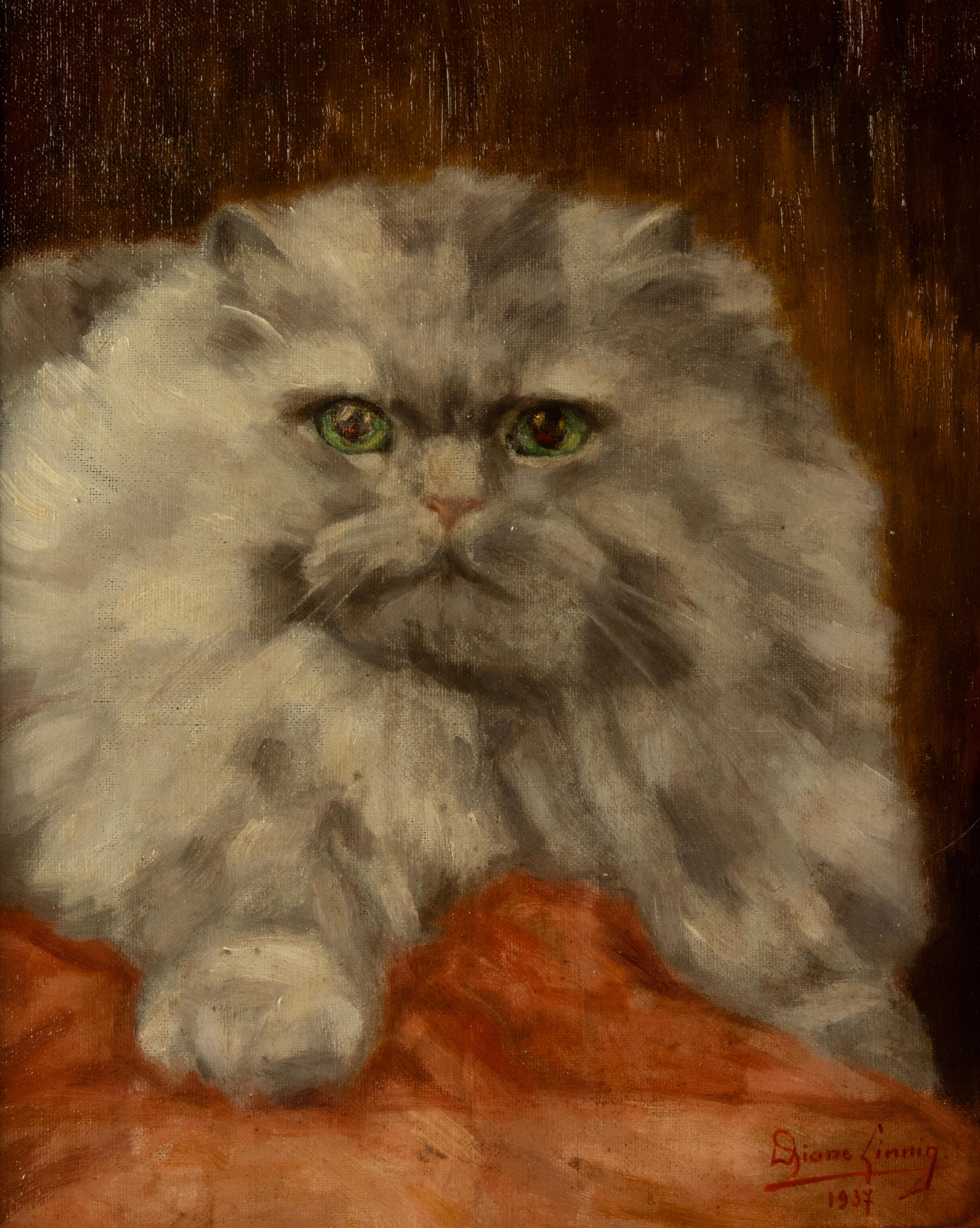 Une belle peinture à l'huile, portrait d'un chat persan gris.
Magnifiquement peinte, la fourrure et le regard du chat sont saisissants.
Le tableau est l'œuvre de l'artiste belge Diane Linnig. Signé et daté en bas à gauche.
Diane Linnig a vécu de