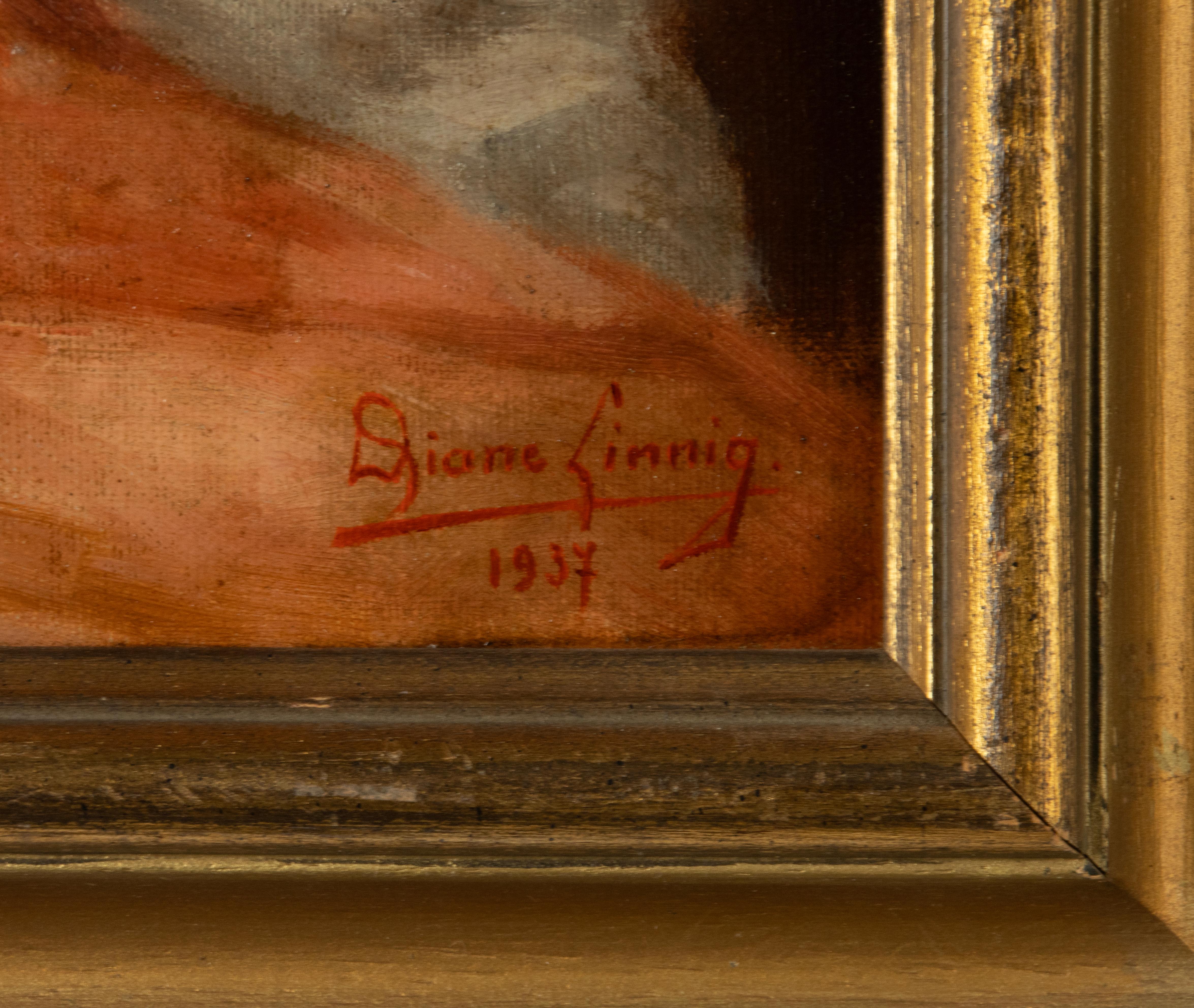 Peint à la main Peinture à l'huile - Portrait d'un chat persan - Diane Linnig - 1937