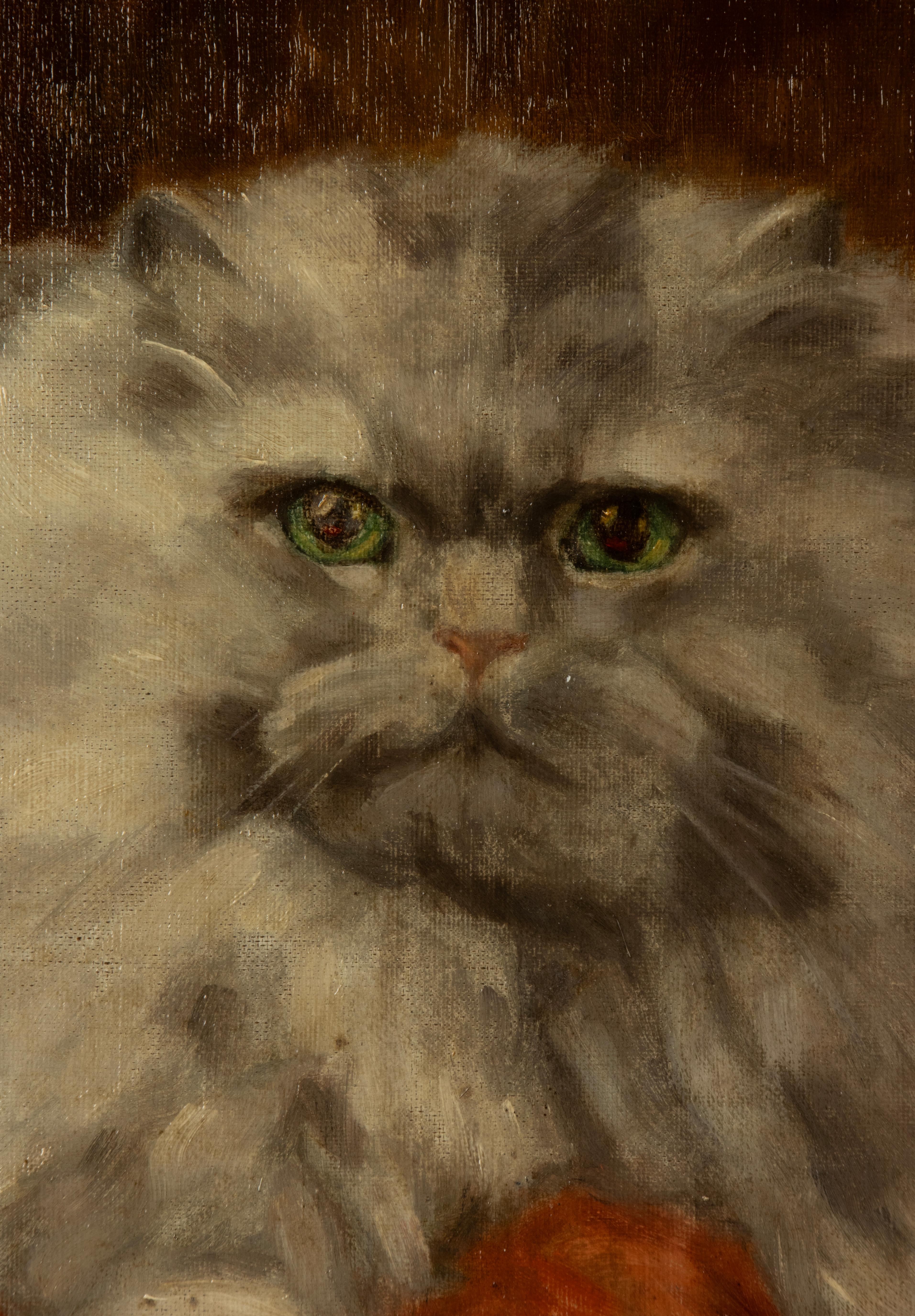 Peinture à l'huile - Portrait d'un chat persan - Diane Linnig - 1937 Bon état à Casteren, Noord-Brabant
