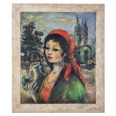 Oil Painting Portrait of a Young Gypsy Girl “ Gitane ”, by R. Gallon, 1962