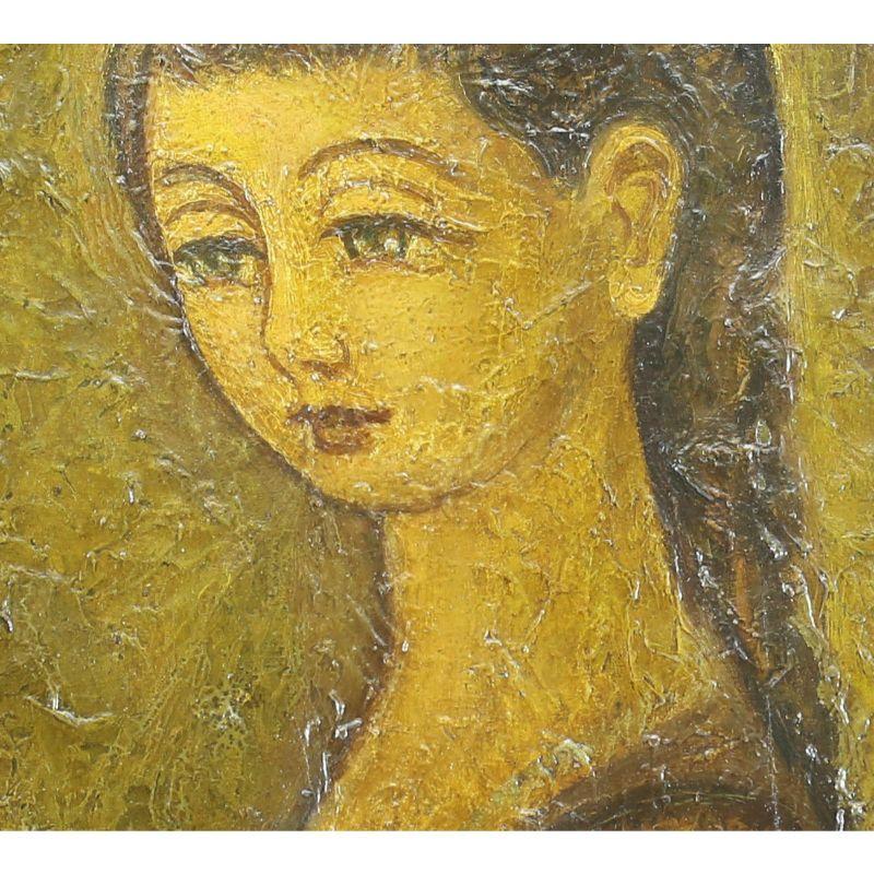 Français Peinture à l'huile - Portrait de femme aux cheveux tressés de Jean Lareuse en vente