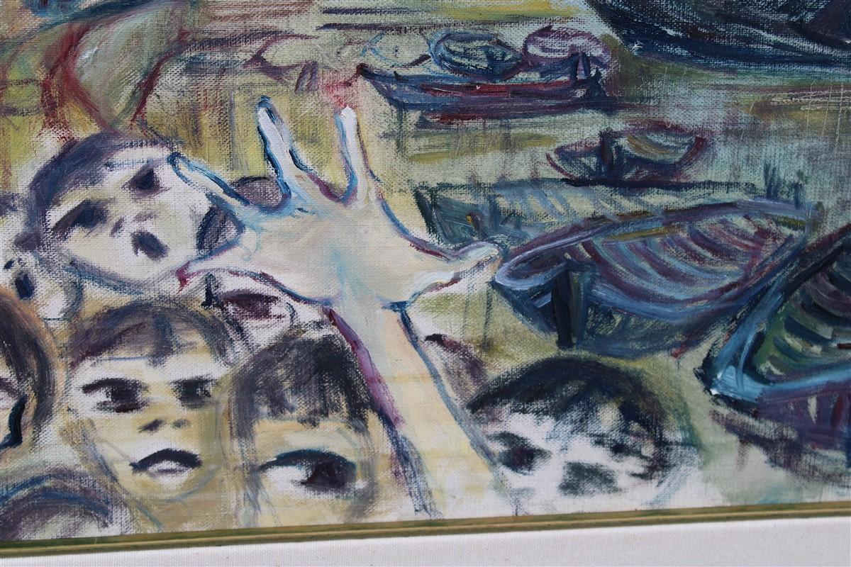 Pittura a olio Rainer Kriester 1960 con bambini Cala di Palermo Opera molto rara in vendita 5