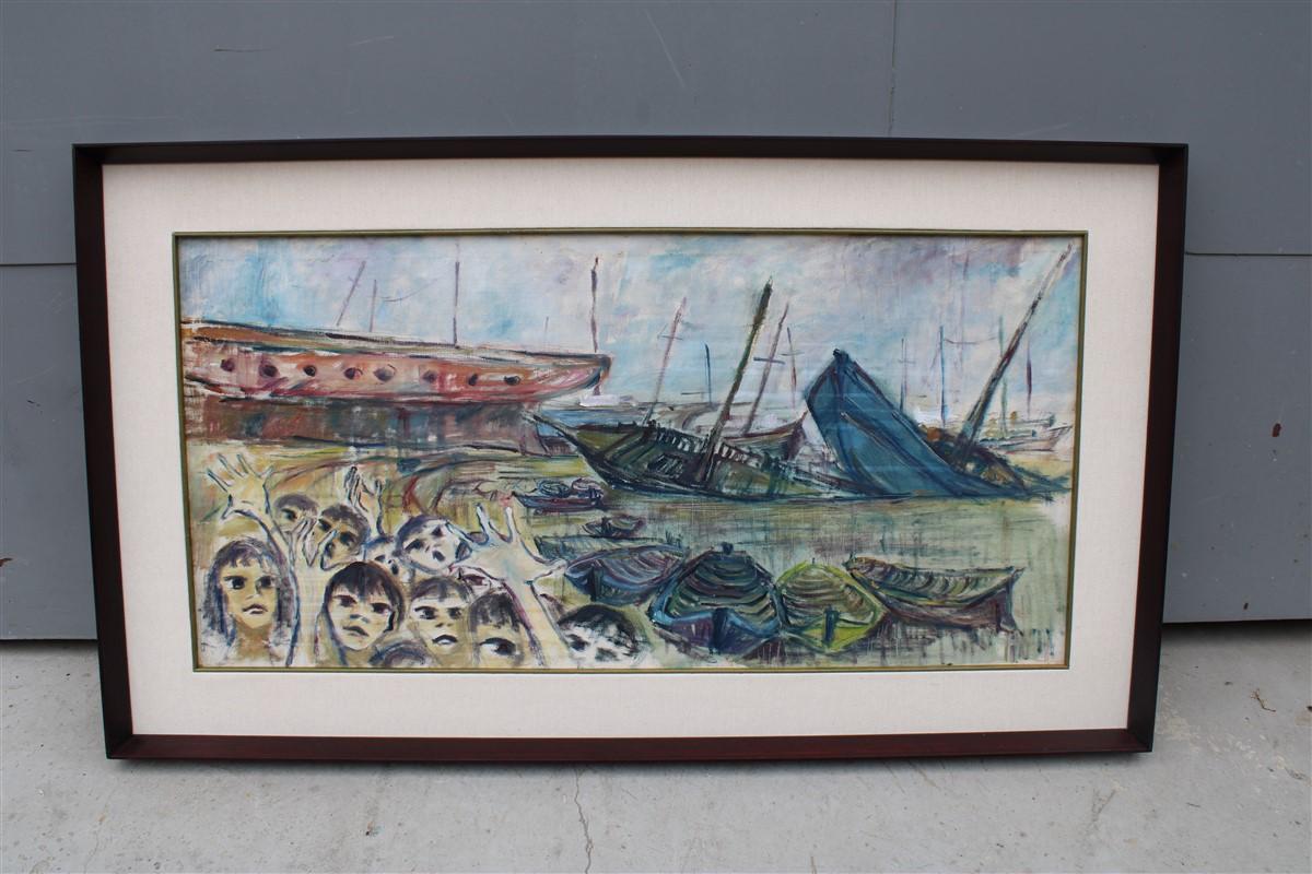 Oil Painting Rainer Kriester 1960 with children at Cala di Palermo Very rare work.