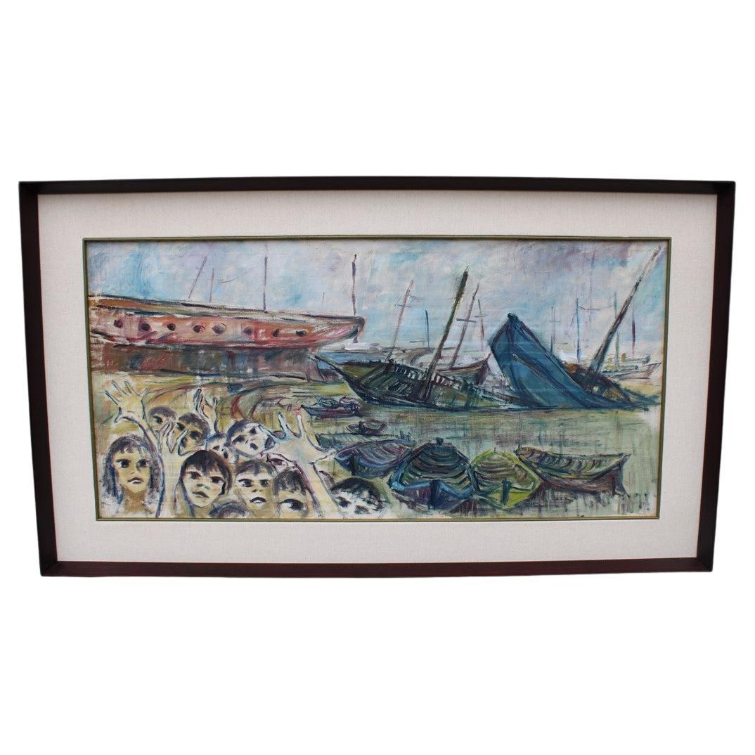 Pittura a olio Rainer Kriester 1960 con bambini Cala di Palermo Opera molto rara in vendita