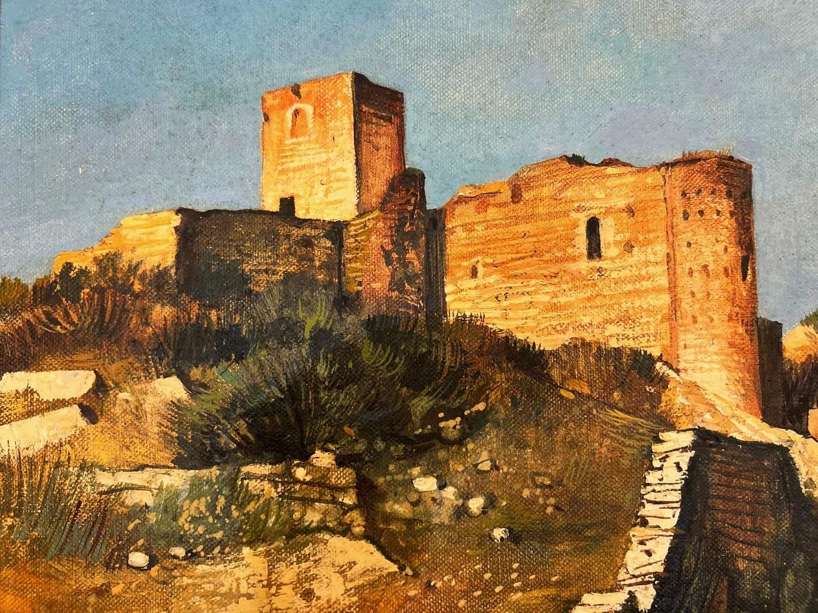 Modern Oil-Painting 'Rhône Valley: Chapel and Keep of Mornas Castle' by Jean Thomas For Sale