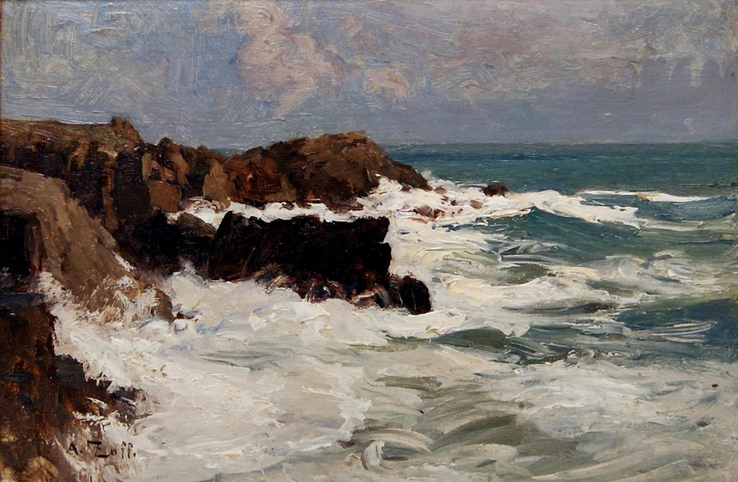 Oil painting: Rocky coast / oil on wood 
painted circa 1900

Style: Impressionism

Size: 
9.25 x 12.40 inches / 23.5 x 31.5 cm (frame included) 

Signed: 