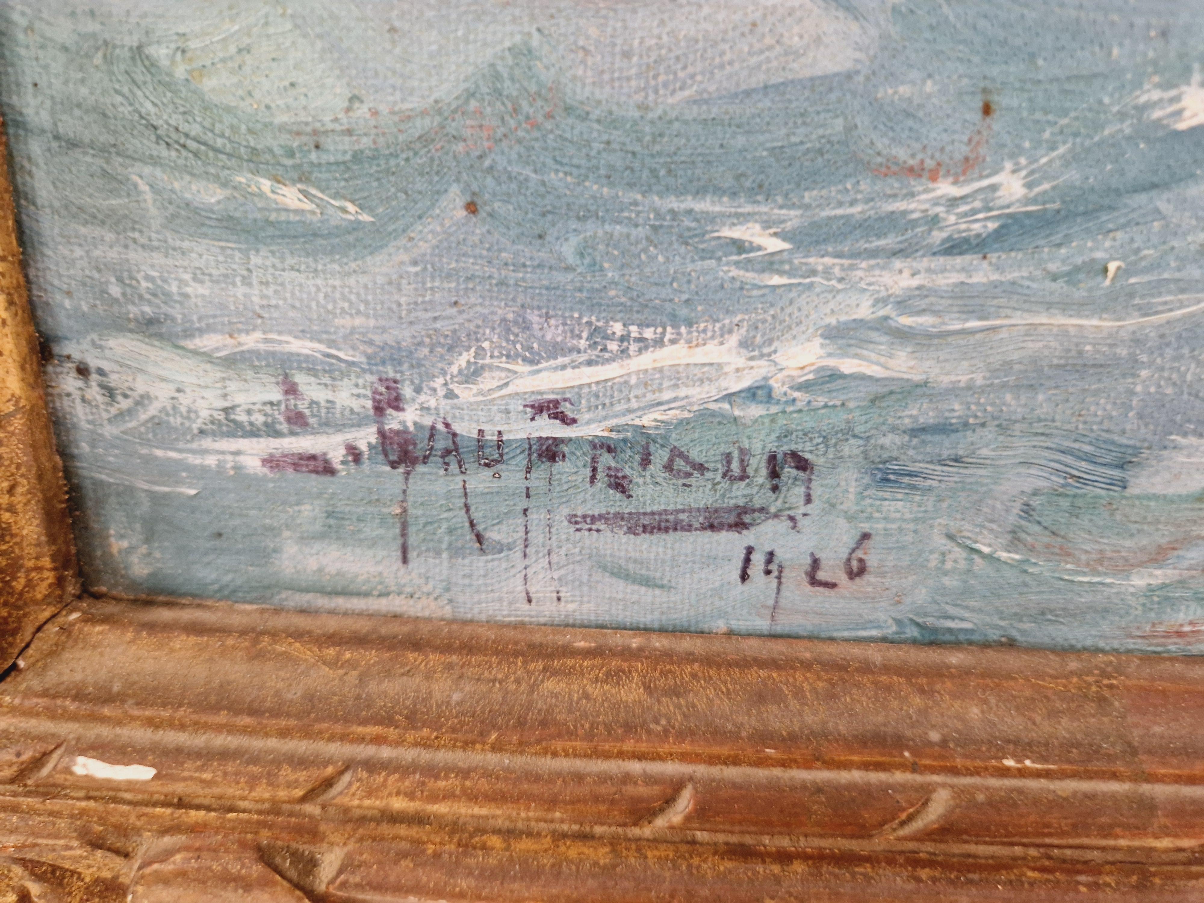 This antique oil painting by Emile. Gauffriaud depicts a rocky coastline with stunning multi-coloured hues. The painting is an original piece, signed by the artist and framed in canvas. Measuring 61 cm in length, 50 cm in height and 6 cm in width,