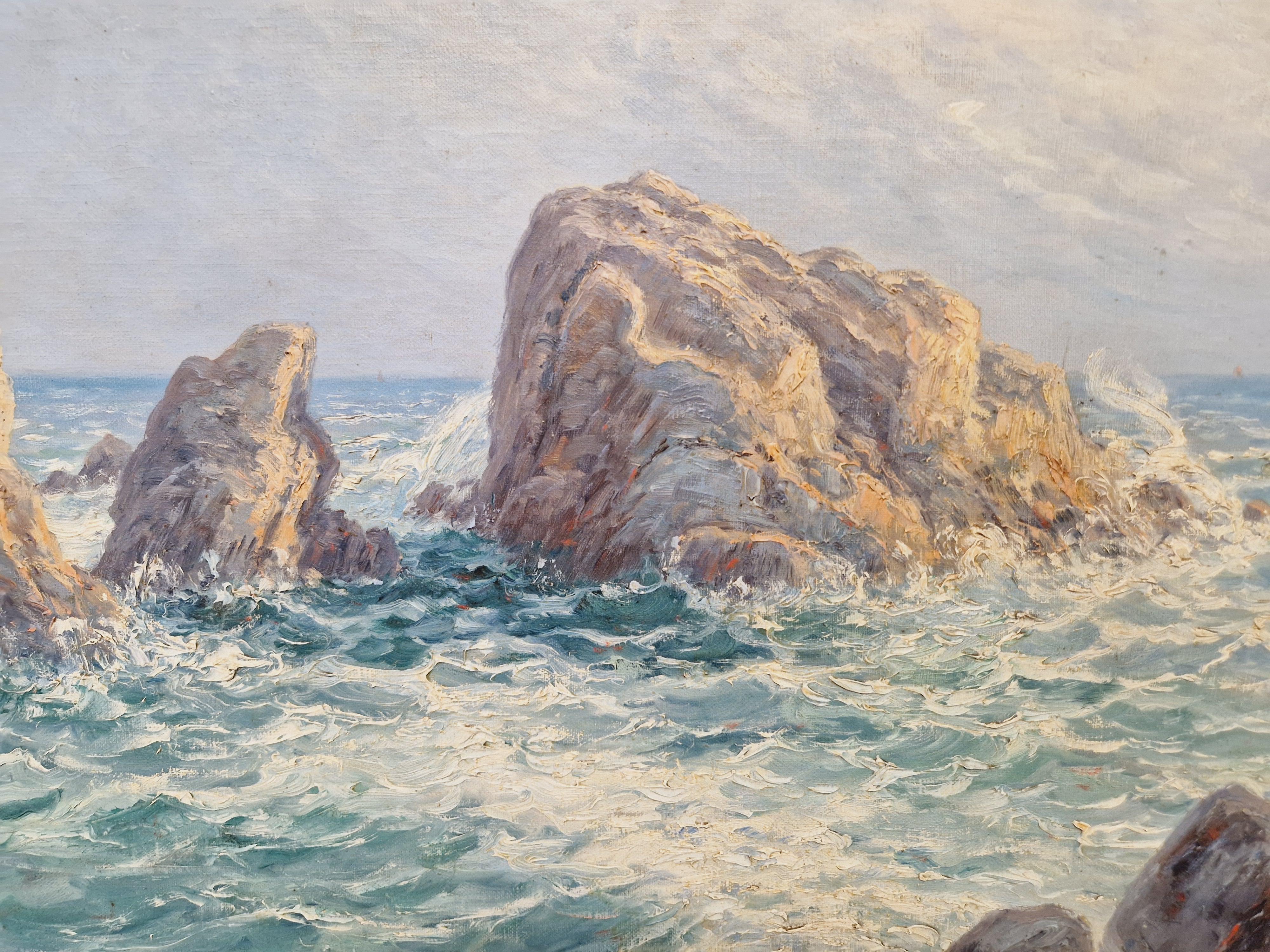 Late Victorian Oil Painting Rocky Coastline by Emile Gauffriaud For Sale